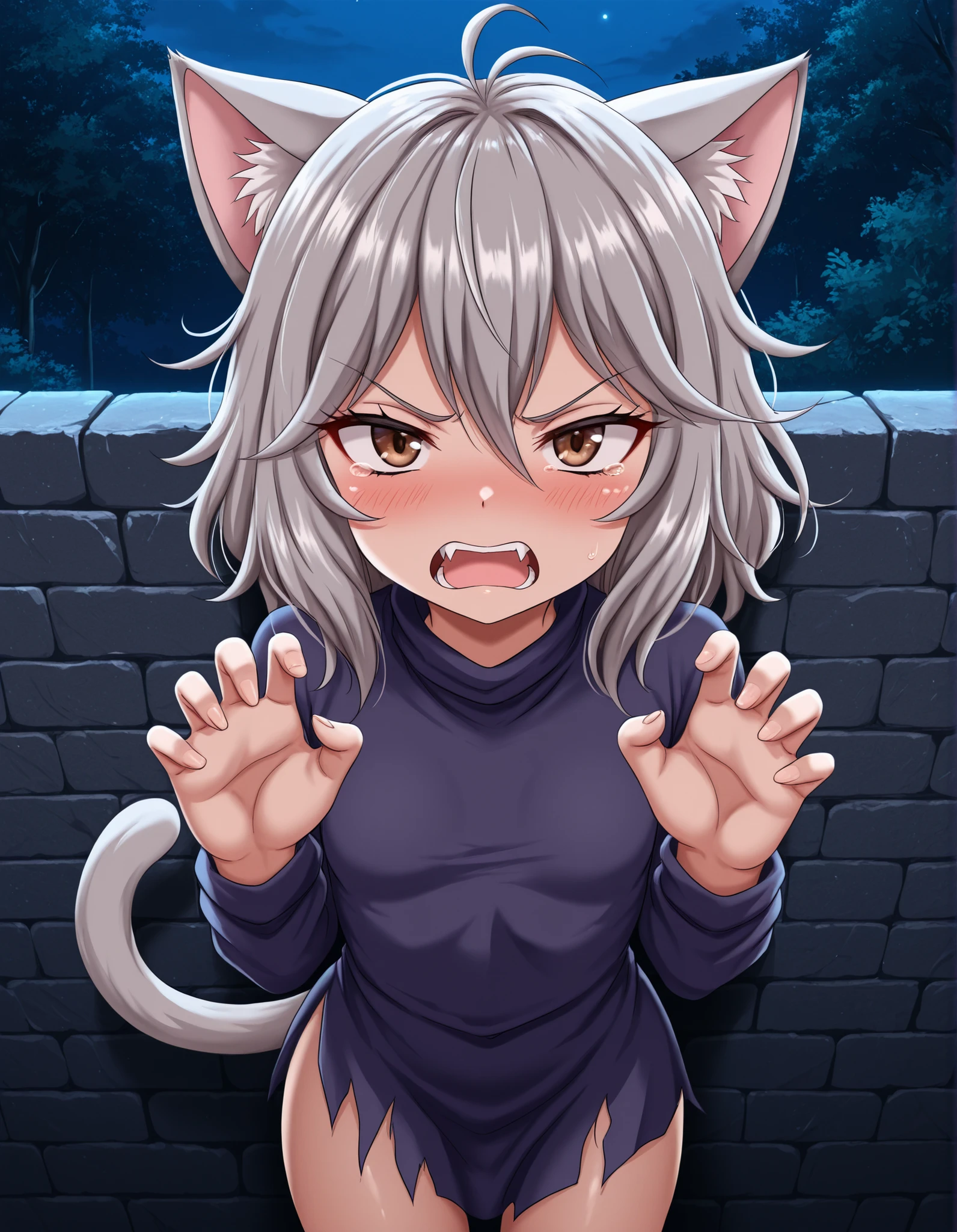 bbmbbf style,, 1girl, petite, (skinny and frail:0.7), cat girl, against wall, stone wall, brown eyes,looking at viewer, grey hair, medium hair, messy hair, angry, (scared:0.4), (open mouth:0.5), fangs, hands up, (tearing up:0.5), tail raised, torn clothes, straight-on, dark, night, outdoors, masterpiece,best quality, amazing quality,