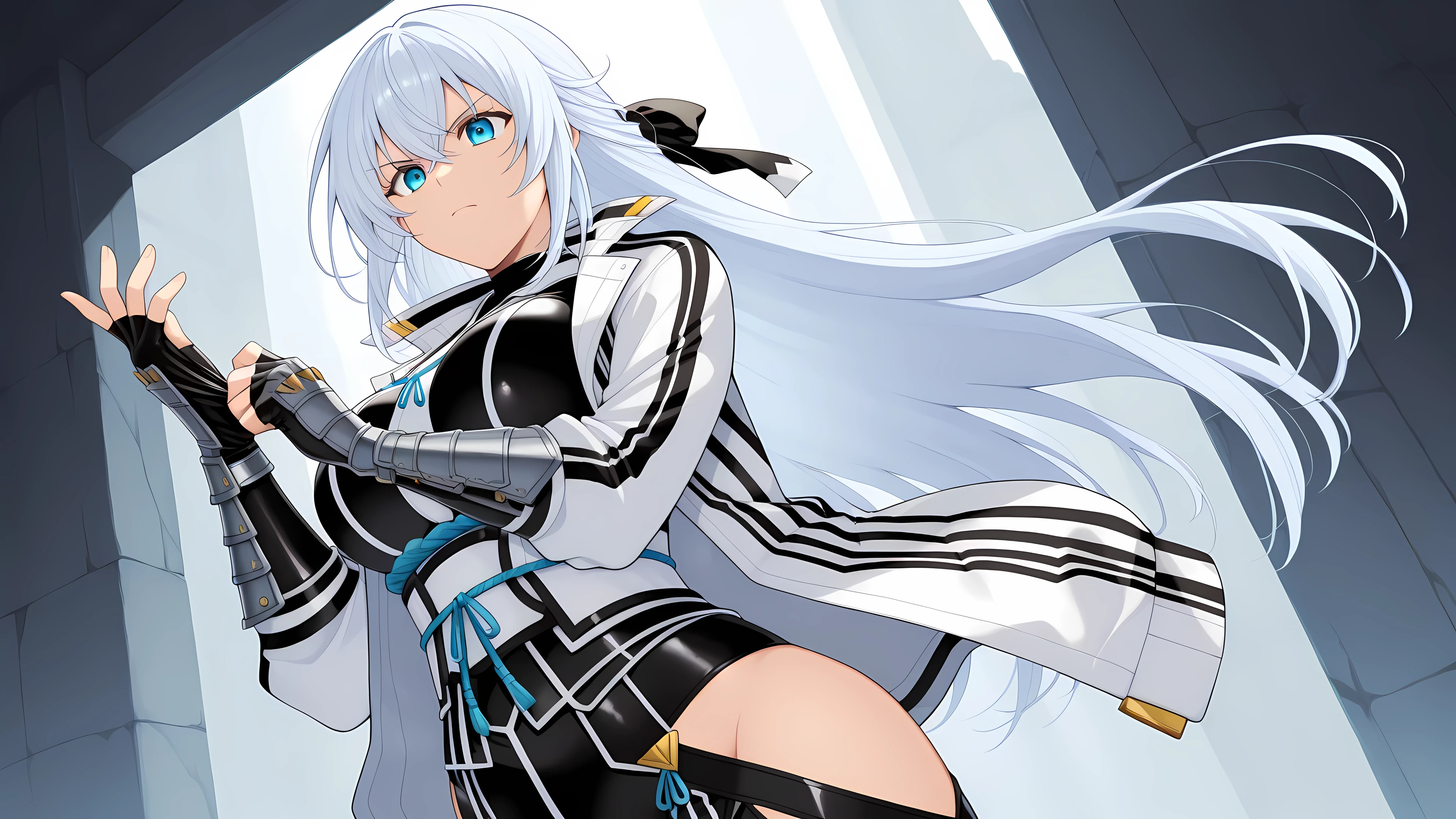 adjusting gloves, 1girl, solo, knkshizu, white hair, very long hair, hair ribbon, blue eyes, shizuksk1, black bodysuit, white jacket, striped jacket, open jacket, white sash, black gloves, fingerless gloves, hip vent, gauntlet gloves, large breasts, serious face, low angle, fantastic background, side angle, detailed hands, fingers,