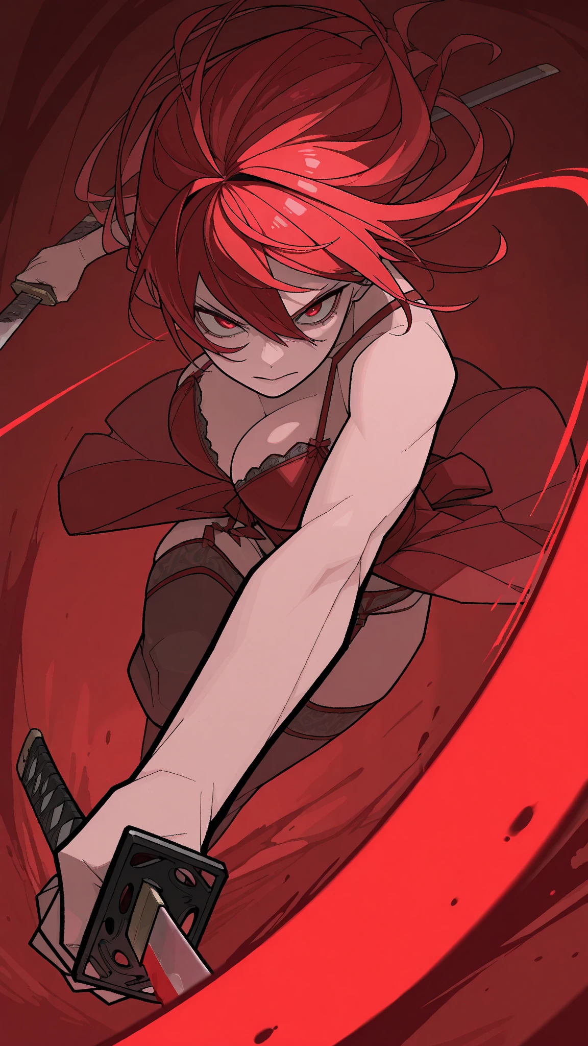 Blossom From Powerpuff Girls as a Violent Mature Themed Action Anime, Red Hair:1.2, Sexy Powerpuff Girls Anime, bloody battle damage and wear, :1.2,  Damaged and Ripped clothes, pink and black clothes, one  revealed through  rips in clothes:1.2