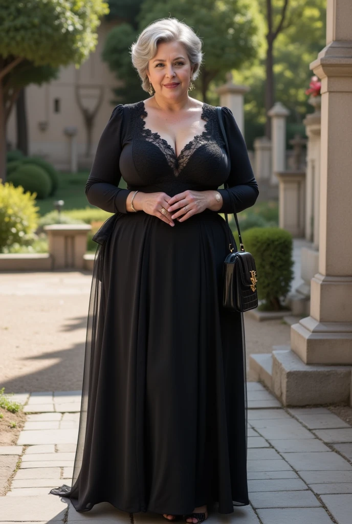 A beautiful and hot almost chubby mature  womanwho is wearing a shiny black dress. And standing in nature. A smiling face