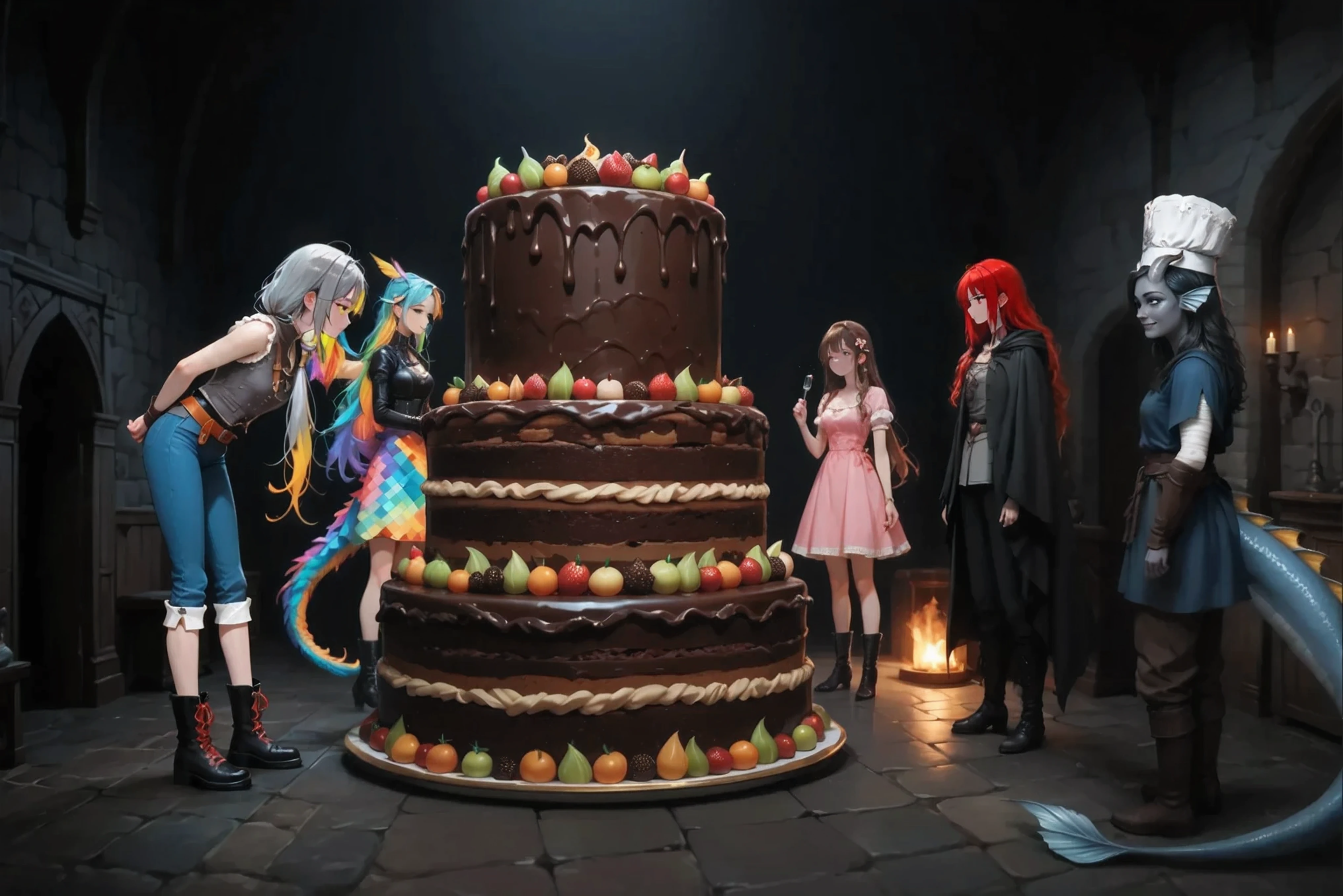 A combined image.
There is a gigantic architectural-scale cake in the center, originally created as a giant, more than two meters high, dominates the center of a dark medieval room, direct projection, thin chocolate layer on top, thin chocolate dough, tiny fruit, massive layers 15-20 centimeters thick each, tiny whole fruits in the decor match the scale of the cake, dark wood flooring, simple dark medieval wooden room, , the surrounding space drowns in darkness, highly detailed, . A simple huge spacious old wooden medieval room is empty.
Character 3: smile, (pink dress:1.4), (pink sundress), holds an empty, clean knife and a fork, belts , white trim , brown belt, brown hair , very long hair, disheveled hair, stands full length, in profile , looks away немного вверх смотрит, on the feet the boots are out of size, fair skin, combed bangs, small breasts, thin
Character 4: dark red hair, combed bangs, long hair, low double tails, , looks away, in profile , disheveled hair, grey eyes, Stoic, there is a gray strapless shirt, black finish , black pants, black combat boots, black cloak, cloak rags
Character 5: On the right is : woman Kedra, (with dark blue-gray skin), Adult woman, 35 years old, fins on the head, horns, (Chef's cap on his head), (сине-серые horns), , there is a blue tunic on the body and loose black hair, hand bandages, medieval clothing, a long fat dragon tail creeping across the floor, medieval boots, brown leather pants . against the background, a dark medieval room.
masterpiece, best quality, ultra-detailed, cinematic emotional static frame, 8K UHD, extremely detailed, physical visualization, HDR.