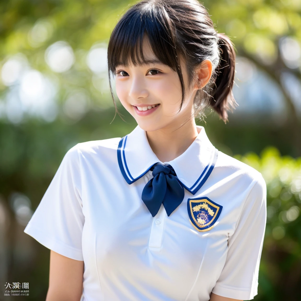 girls standing in school yard in aummer, blue sky, white plain t-shirt with white pleated skirt, 14-year-old,bangs,a little smiles,thighs,knees,,low ponytail,from below, heavy rain, wet body