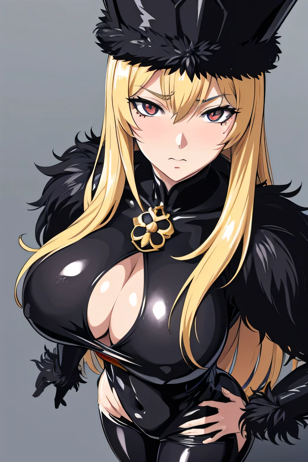 anime style, full body portrait, voluptuous Russian woman with downturned eyes and beauty mark under left eye, dusky blonde hair, wearing black fur coat and Russian fur hat, red and black bodysuit, tragic and icy expression, magical symbols on hands or neck, photorealistic anime lighting, masterpiece, 8k, high quality, depth of field, atmosphere of revenge and sorrow