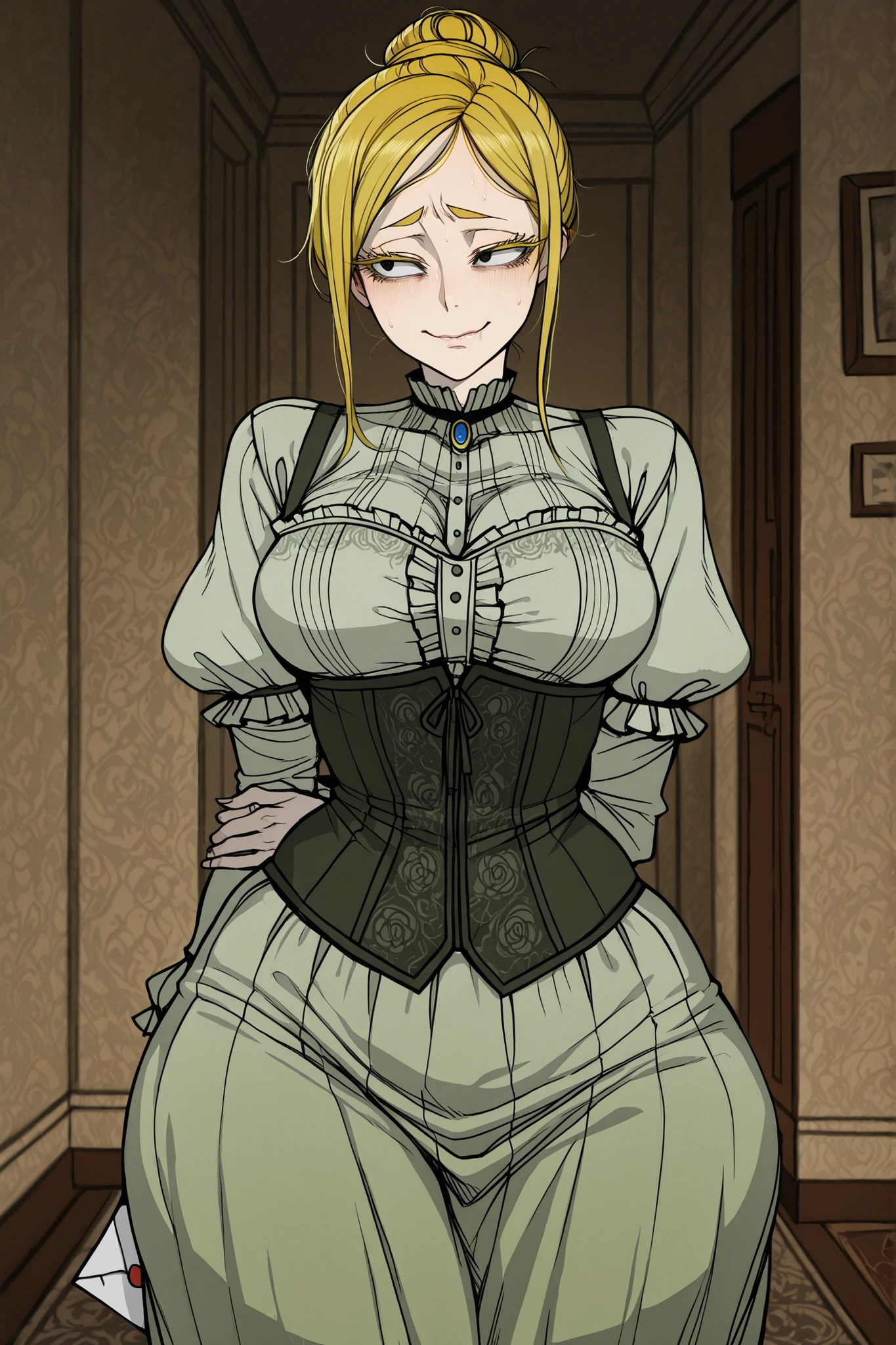 Cartoon-style illustration with flat shading of a blonde woman from the 1820s in Brazil.
She stands in the main room of the colonial mansion, hands behind her back hiding a folded letter or note. Her long blonde hair is styled in a unique historical bun with side strands framing her face. Golden blonde eyelashes and eyebrows, deep black eyes looking to the side nervously with innocent but guilty smile. Medium bust, wide hips, fair complexion. She wears a historically inspired floor-length Brazilian aristocratic dress from the 1820s: puffed sleeves, fitted bodice, subtle embroidery in muted earth tones. Body slightly turned, defensive posture, trying to look casual. Interior colonial mansion setting. Soft dramatic lighting. Thick black outlines, flat colors with flat shading, simplified anime-inspired design. Clean lines, sharp focus. Hiding something, nervous guilty expression, ratatatat74 style, 4k eyes, blonde eyelashes.