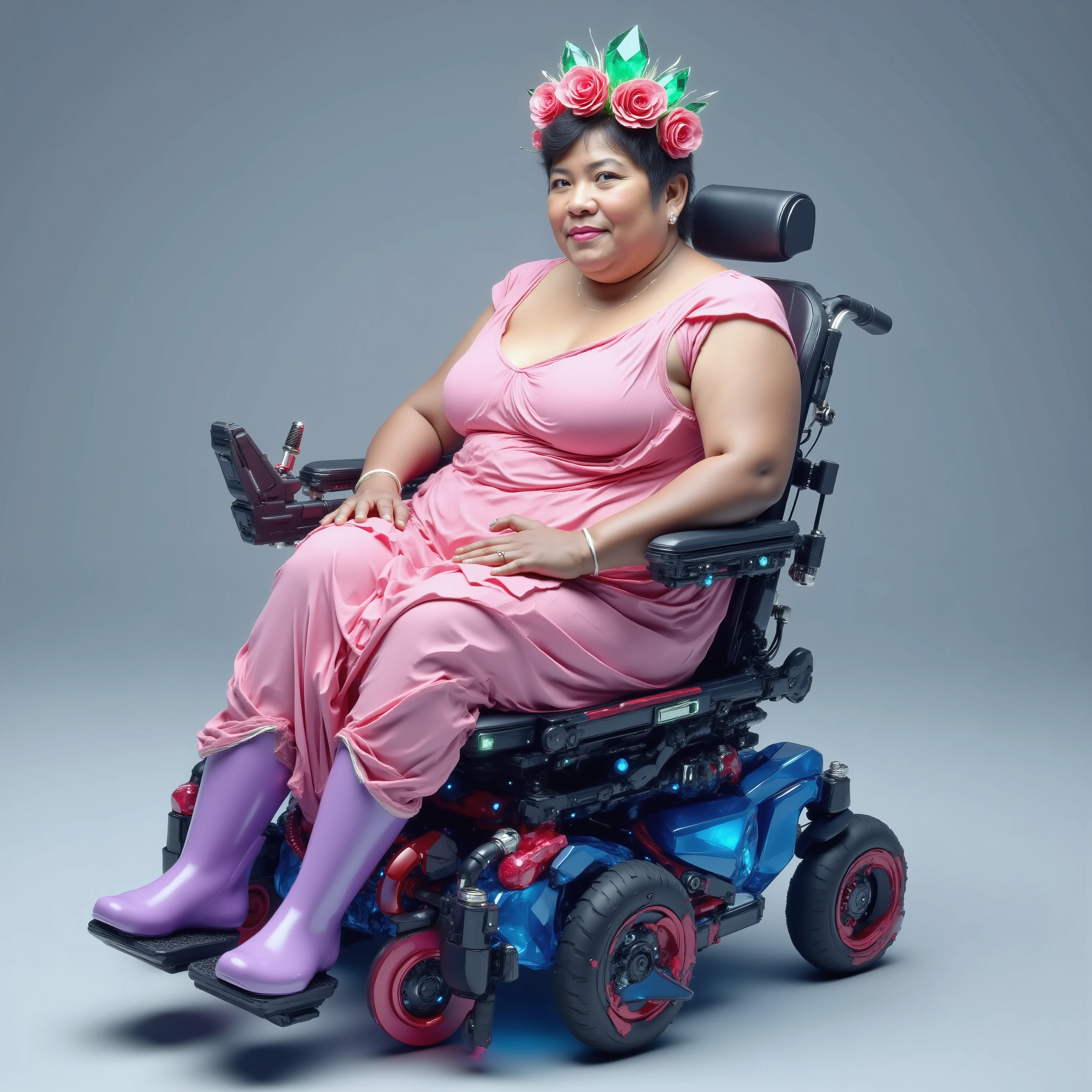 A 59 year old fat Asian woman, sitting in a blue and red powered wheelchair, wearing a pink latex dress, wearing a purple rubber boots, wearing a floral headpiece made of prismatic opal and emerald with roses laid in between stones