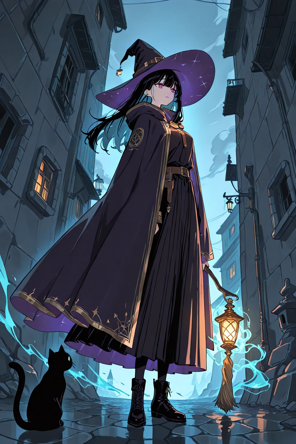A girl with black hair, slightly long short hair, a wizard, wearing a wizard's hat