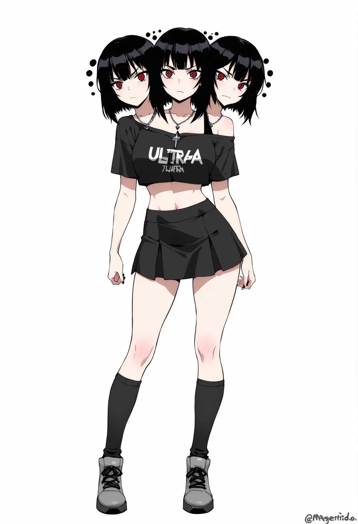 (masterpiece) , (ultra-detailed) , (high quality) , (high resolution) , (best quality:1 . 5 , highres , UHD) , highres , absurdo , ultra detail , ultra quality , Ultra resolution , 16k , ((anime girl with three heads)) , black hair, sharp eyes, bare shoulder, crop top shirt, magenta crop top, skirt. long socks, gray shoes, medium hair, necklace