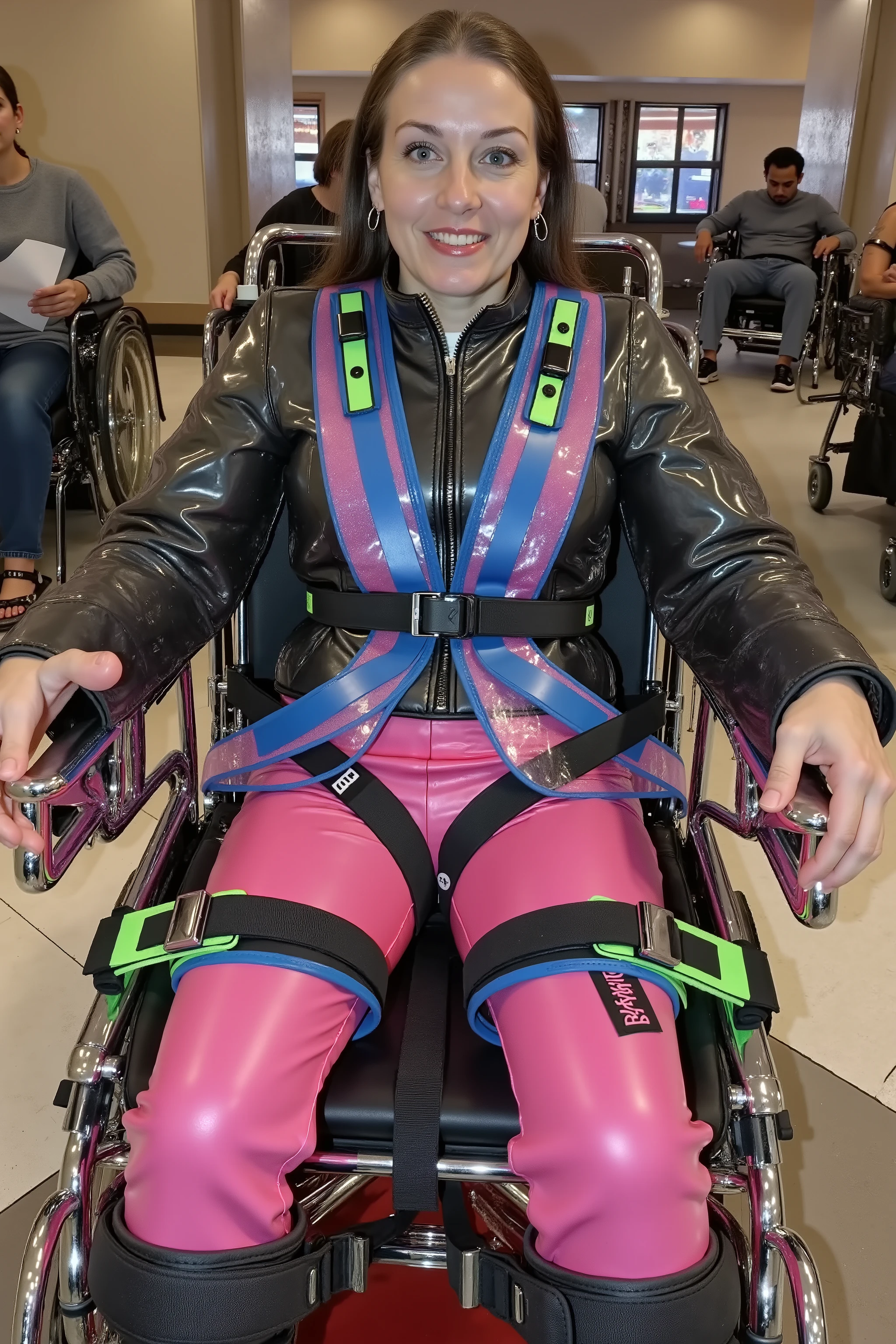 A 35 year old woman wearing a black leather jacket and pink latex pants, exceptionally tight clothing, thick clothing, heavy rubber and leather, sitting in a red powered wheelchair, inside of a casino lobby, wearing a pradarctrans2003 translucent designer raincoat over her clothing, wearing a shiny black padded rubber harness, wearing a shiny blue and pink padded hip belt and green locking rubber ankle straps over her black knee high boots