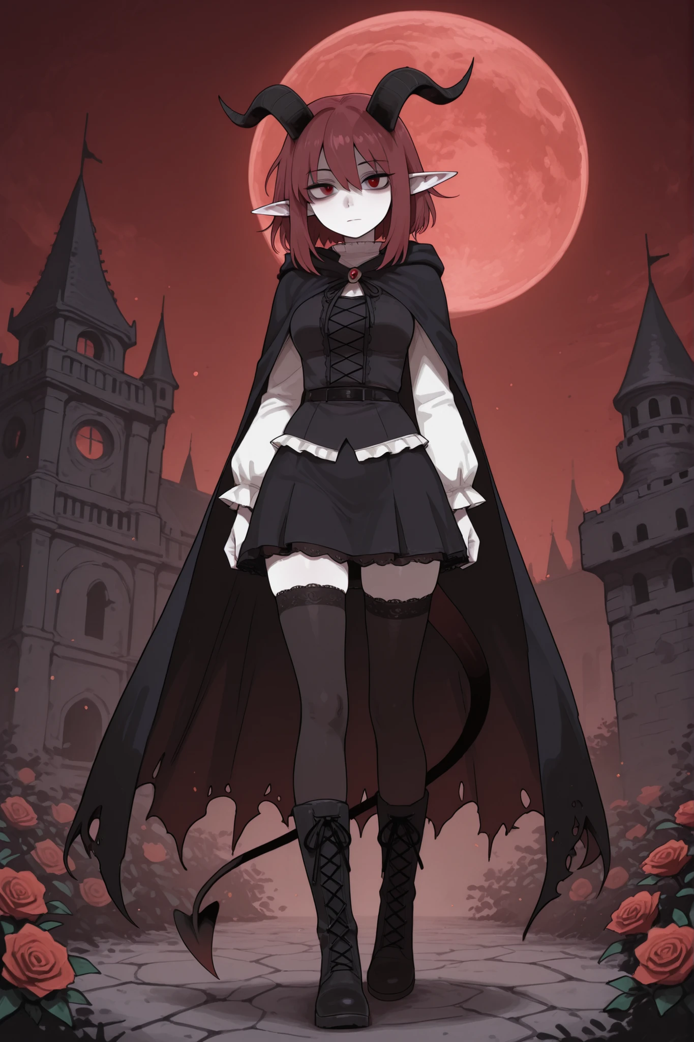 hentamonn,DSP, artist:DSP, mogeko,,masterpiece , best quality , amazing quality , very aesthetic, white skin, pale skin, tall girl, adult, rounded elf ear, red eye, drooping eyes, cold look, white pupil, feline pupil, short hair, slightly messy hair, maroon hair, straight hair, bangs, sharp canines, demon tail, black horns, expressionless face, white ruffled blouse, vest, black skirt, stockings, high boots, cape, eyelet and lace-up closure detail, full body shot, background, dark castle, roses, red moon