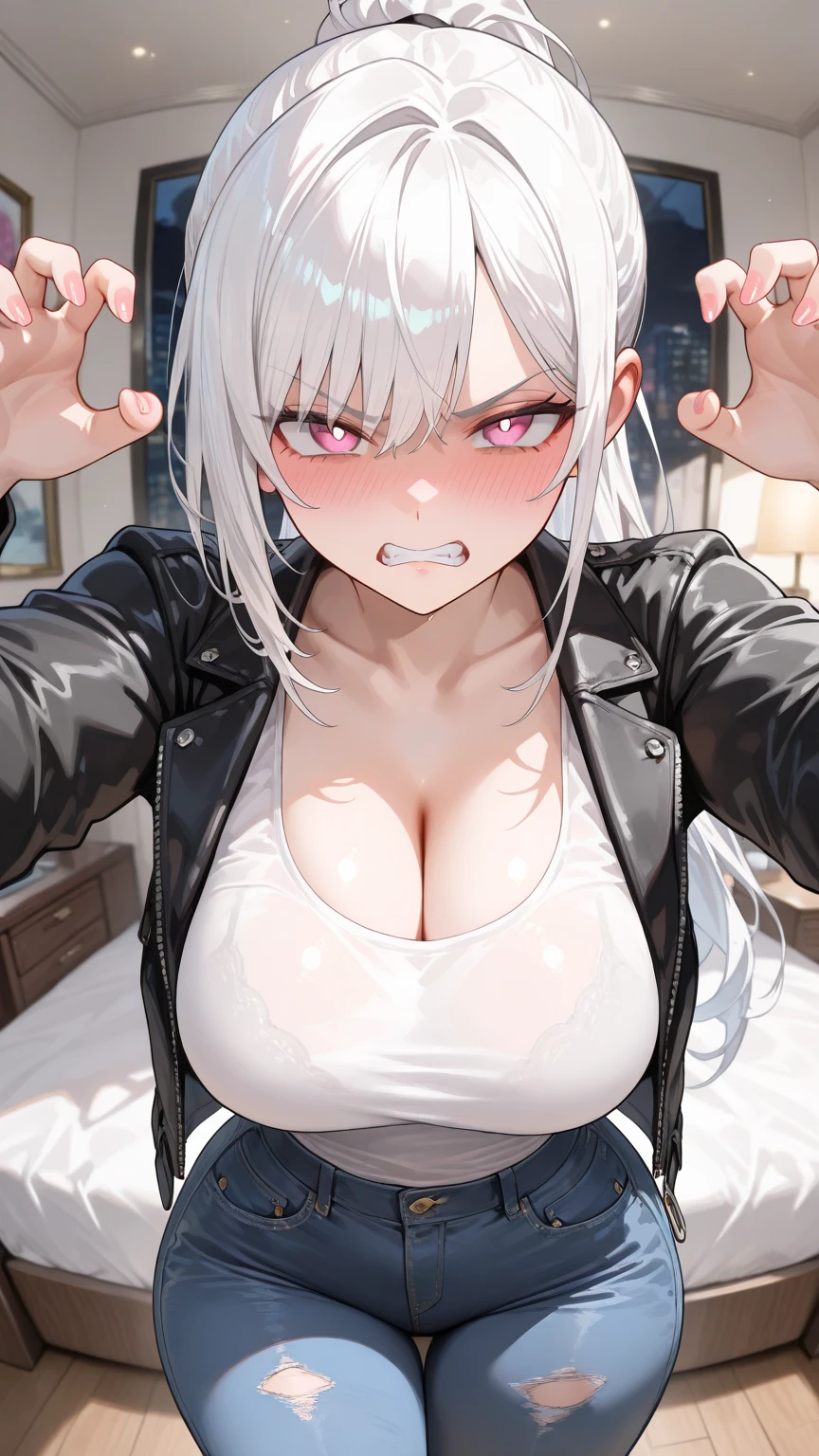 scared expression,open mouth,clenched teeth,purple eyes,azure hair, (healthy skin), (((, ))), ((((, blood, prison, pain)))). 1 man, evil, the man is torturing the girl