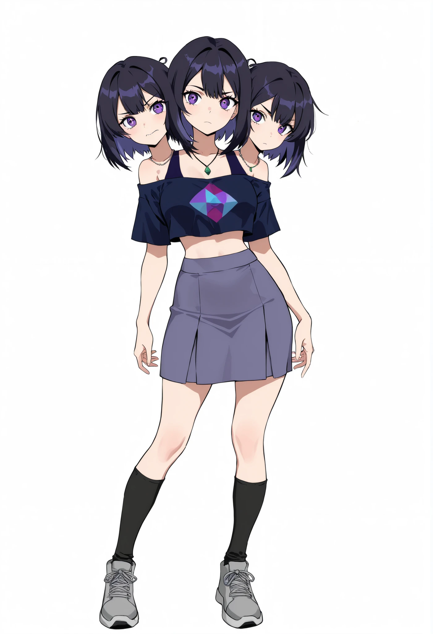 (masterpiece) , (ultra-detailed) , (high quality) , (high resolution) , (best quality:1 . 5 , highres , UHD) , highres , absurdo , ultra detail , ultra quality , Ultra resolution , 16k , ((anime girl with three heads)) , black hair, sharp eyes, bare shoulder, crop top shirt, (indigo blue crop top), skirt. long socks, gray shoes, medium hair, necklace