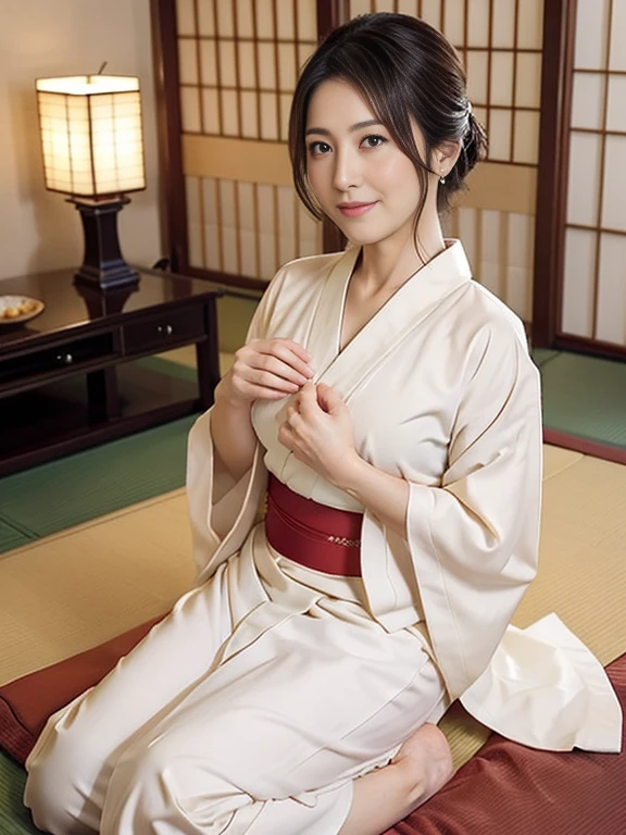 Highest quality, Face Focus, (Depth of written boundary) ,Ultra-high resolution, (Realistic:1.4), RAW Photos, Japanese-style room, alcove, Hanging scrolls
(Portraiture:1.4)
1 Japan, alone, cute, smile, (Brown eyes), Natural Face, (Midi Hair), 
(kimono:1.5)Medium Hair, Blur, 