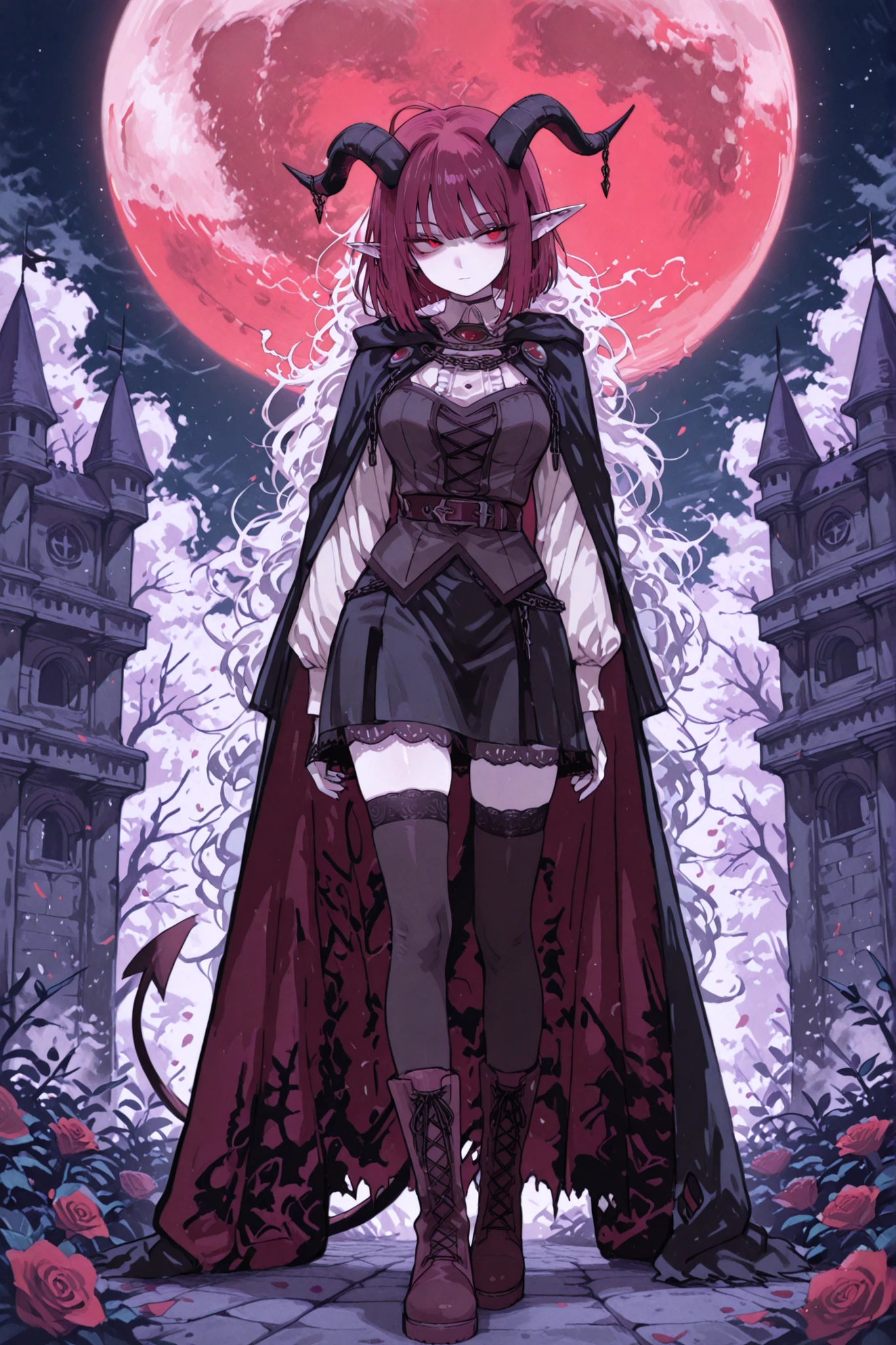 hentamonn,DSP, artist:DSP, mogeko,,masterpiece , best quality , amazing quality , very aesthetic, white skin, pale skin, tall girl, adult, rounded elf ear, red eye, drooping eyes, cold look, white pupil, feline pupil, short hair, slightly messy hair, maroon hair, straight hair, bangs, sharp canines, demon tail, black horns, expressionless face, white ruffled blouse, vest, black skirt, stockings, high boots, cape, eyelet and lace-up closure detail, full body shot, background, dark castle, roses, red moon