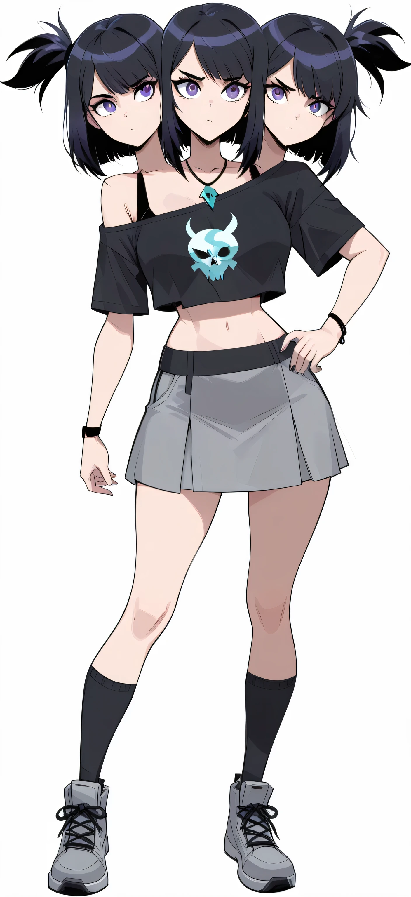 (masterpiece) , (ultra-detailed) , (high quality) , (high resolution) , (best quality:1 . 5 , highres , UHD) , highres , absurdo , ultra detail , ultra quality , Ultra resolution , 16k , ((anime girl with three heads)) ,(black hair), sharp eyes, bare shoulder, crop top shirt, (indigo blue crop top), skirt. long socks, gray shoes, medium hair, necklace