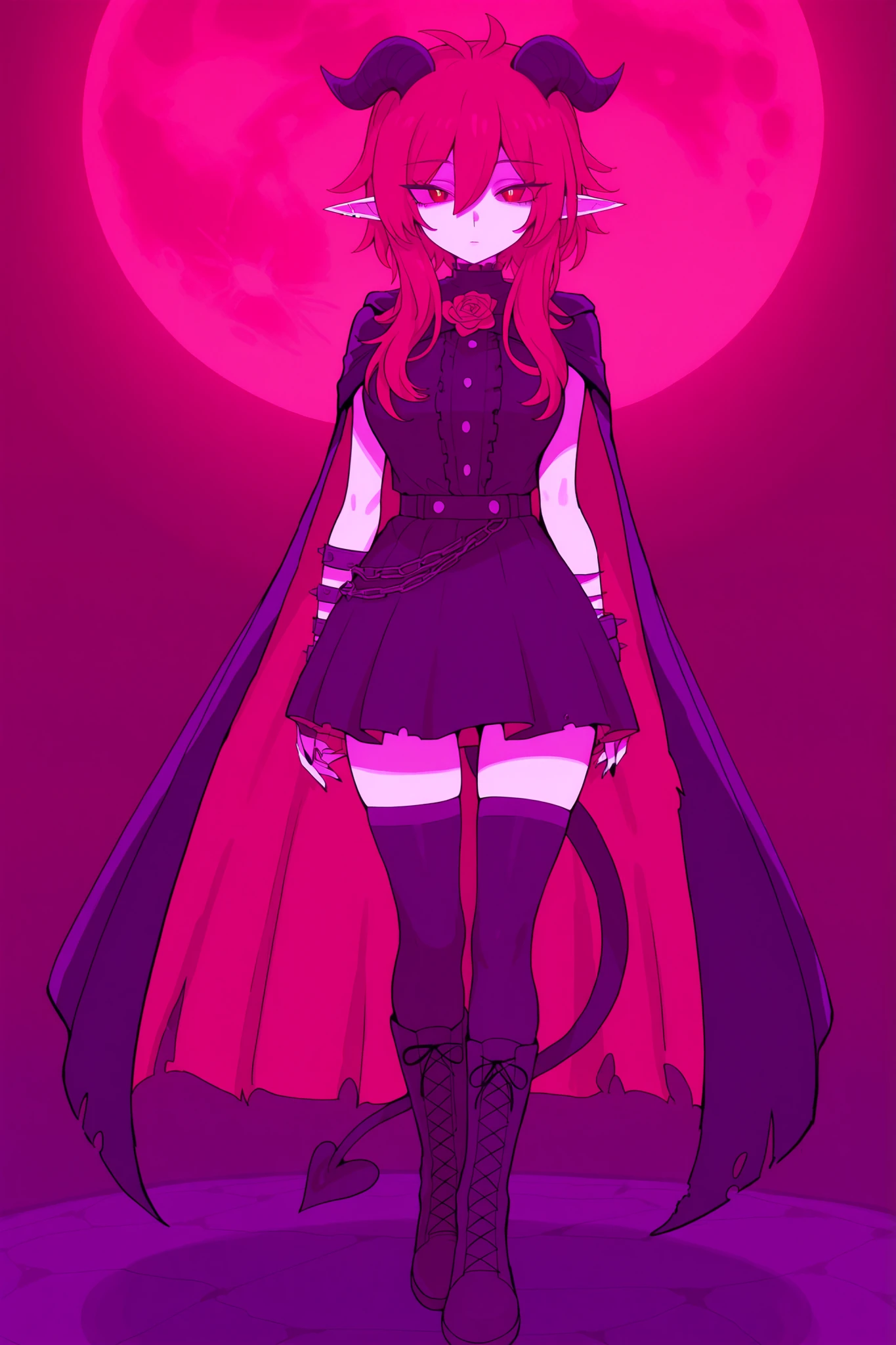 hentamonn,DSP, artist:DSP, mogeko,,masterpiece , best quality , amazing quality , very aesthetic, white skin, pale skin, tall girl, adult, rounded elf ear, red eye, drooping eyes, cold look, white pupil, feline pupil, short hair, slightly messy hair, maroon hair, straight hair, bangs, sharp canines, demon tail, black horns, expressionless face, white ruffled blouse, vest, black skirt, stockings, high boots, cape, eyelet and lace-up closure detail, full body shot, background, dark castle, roses, red moon