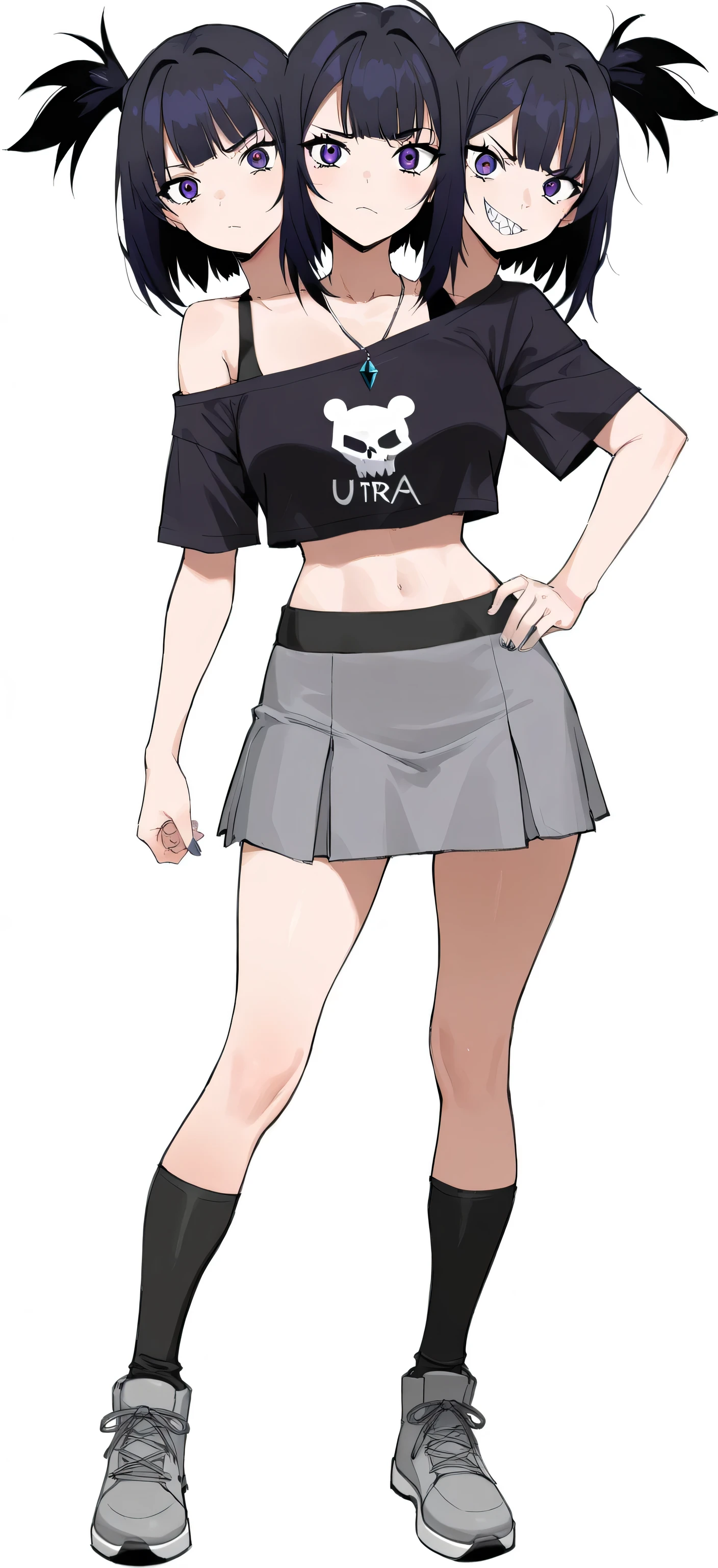 (masterpiece) , (ultra-detailed) , (high quality) , (high resolution) , (best quality:1 . 5 , highres , UHD) , highres , absurdo , ultra detail , ultra quality , Ultra resolution , 16k , ((anime girl with three heads)) ,(black hair), sharp eyes, bare shoulder, crop top shirt, (indigo blue crop top), skirt. long socks, gray shoes, medium hair, necklace