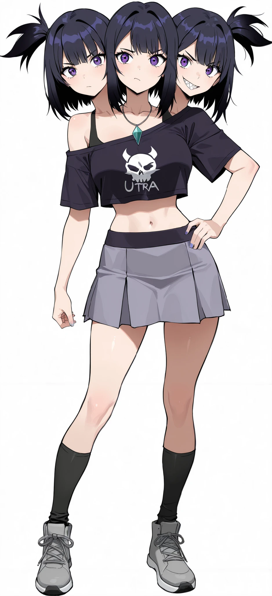 (masterpiece) , (ultra-detailed) , (high quality) , (high resolution) , (best quality:1 . 5 , highres , UHD) , highres , absurdo , ultra detail , ultra quality , Ultra resolution , 16k , ((anime girl with three heads)) ,(black hair), sharp eyes, bare shoulder, crop top shirt, (indigo blue crop top), skirt. long socks, gray shoes, medium hair, necklace
