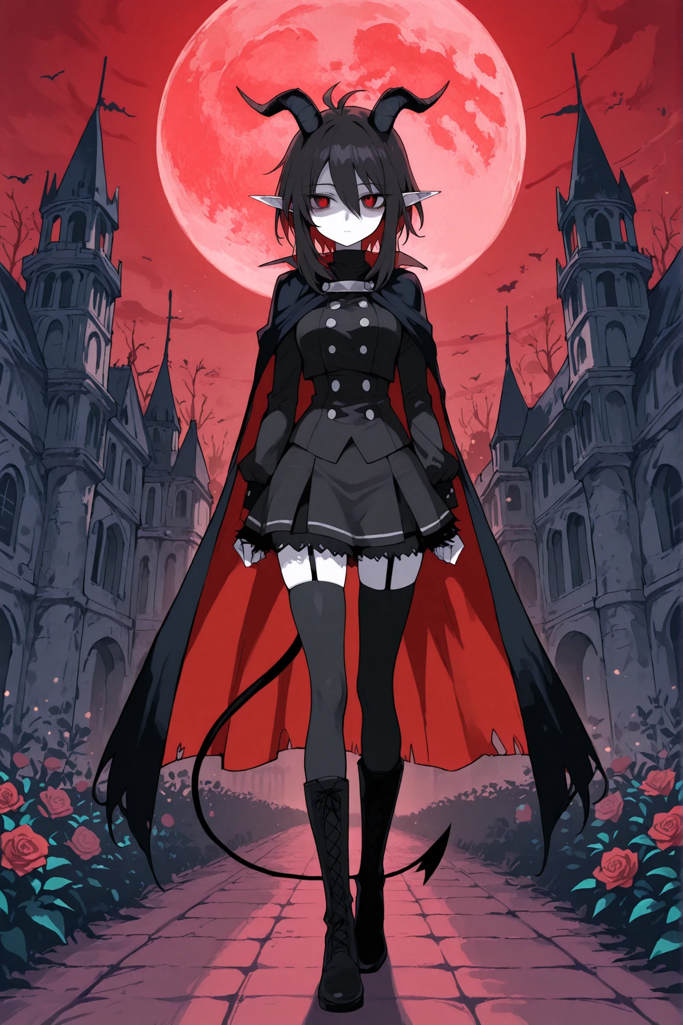hentamonn,DSP, artist:DSP, mogeko,,masterpiece , best quality , amazing quality , very aesthetic, white skin, pale skin, tall girl, adult, rounded elf ear, red eye, drooping eyes, cold look, white pupil, feline pupil, short hair, slightly messy hair, maroon hair, straight hair, bangs, sharp canines, demon tail, black horns, expressionless face, white ruffled blouse, vest, black skirt, stockings, high boots, cape, eyelet and lace-up closure detail, full body shot, background, dark castle, roses, red moon