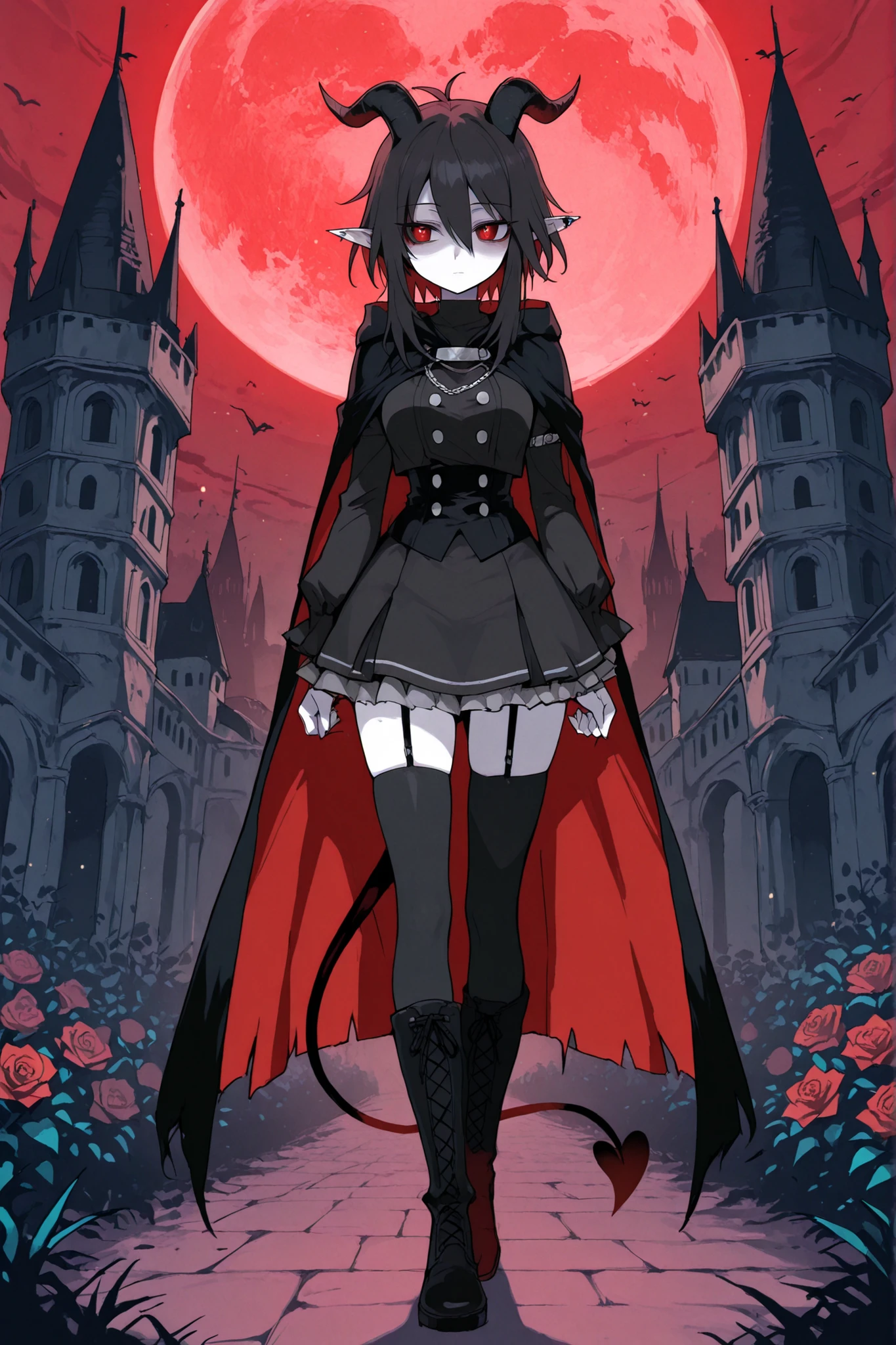 hentamonn,DSP, artist:DSP, mogeko,,masterpiece , best quality , amazing quality , very aesthetic, white skin, pale skin, tall girl, adult, rounded elf ear, red eye, drooping eyes, cold look, white pupil, feline pupil, short hair, slightly messy hair, maroon hair, straight hair, bangs, sharp canines, demon tail, black horns, expressionless face, white ruffled blouse, vest, black skirt, stockings, high boots, cape, eyelet and lace-up closure detail, full body shot, background, dark castle, roses, red moon