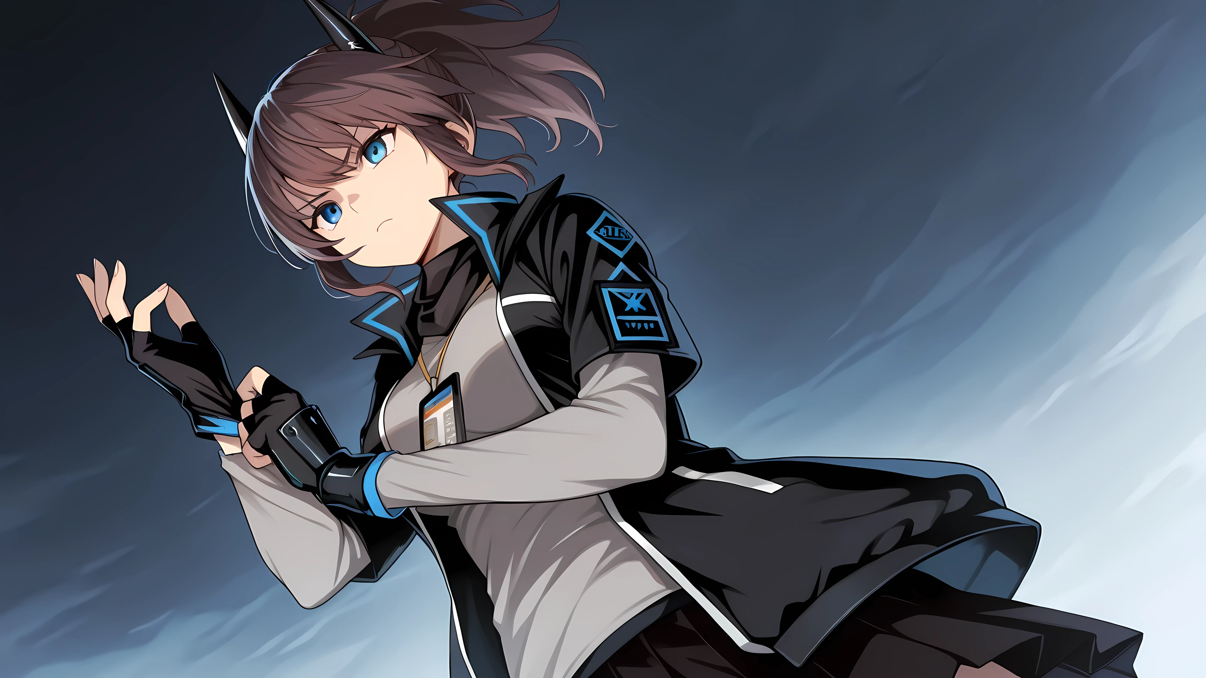 adjusting gloves, 1girl, solo, YatoAK, blue eyes, black horns, brown hair, ponytail, scarf, black jacket with blue trim, raised collar, grey shirt, long sleeves under short sleeves, nametag, black skirt, pleated skirt, large breasts, gauntlet, fingerless gloves, serious face, low angle, fantastic angle,
