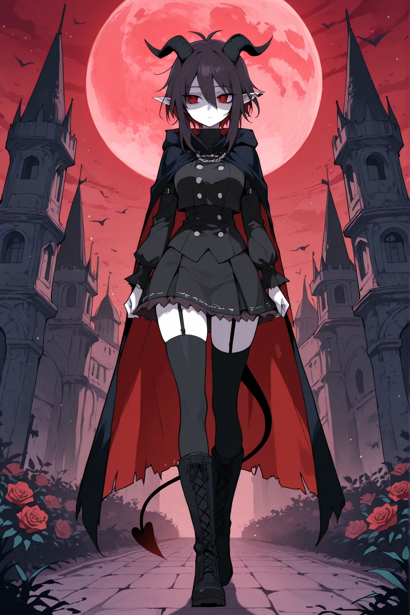 hentamonn,DSP, artist:DSP, mogeko,,masterpiece , best quality , amazing quality , very aesthetic, white skin, pale skin, tall girl, adult, rounded elf ear, red eye, drooping eyes, cold look, white pupil, feline pupil, short hair, slightly messy hair, maroon hair, straight hair, bangs, sharp canines, demon tail, black horns, expressionless face, white ruffled blouse, vest, black skirt, stockings, high boots, cape, eyelet and lace-up closure detail, full body shot, background, dark castle, roses, red moon