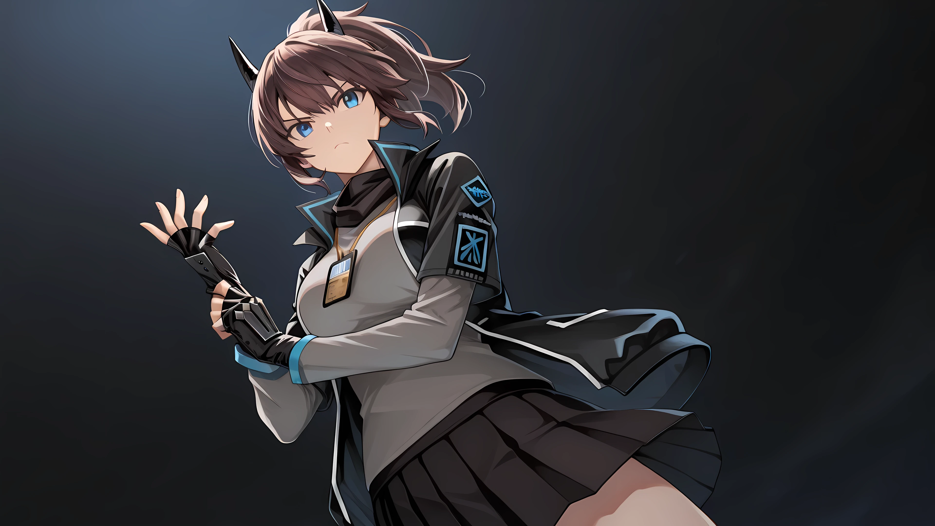 adjusting gloves, 1girl, solo, YatoAK, blue eyes, black horns, brown hair, ponytail, scarf, black jacket with blue trim, raised collar, grey shirt, long sleeves under short sleeves, nametag, black skirt, pleated skirt, large breasts, gauntlet, fingerless gloves, serious face, low angle, fantastic angle, perfect hands, fingers,