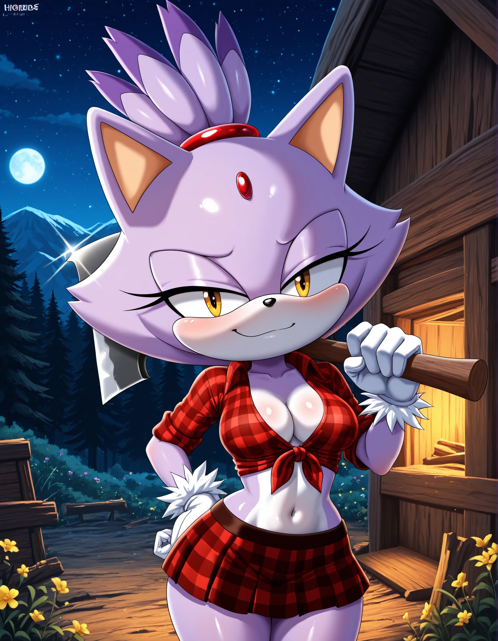 bbmbbf style,, solo, 1girl, blaze the cat, furry, shiny skin, short stack, (wide hips:0.8), white gloves, medium breasts, cleavage, black miniskirt, midriff, red checkered knotted top, tied shirt, axe over shoulder,
BREAK
smile, smug,
BREAK
(cabin:1.3), night, forest background, (mountains:1.1), flower, wood chopping block,
cowboy shot,
BREAK
masterpiece, amazing quality, best quality, very aesthetic, newest, absurdres, cinematic lighting, ambient occlusion, raytracing, colorglow, light shafts, light particles