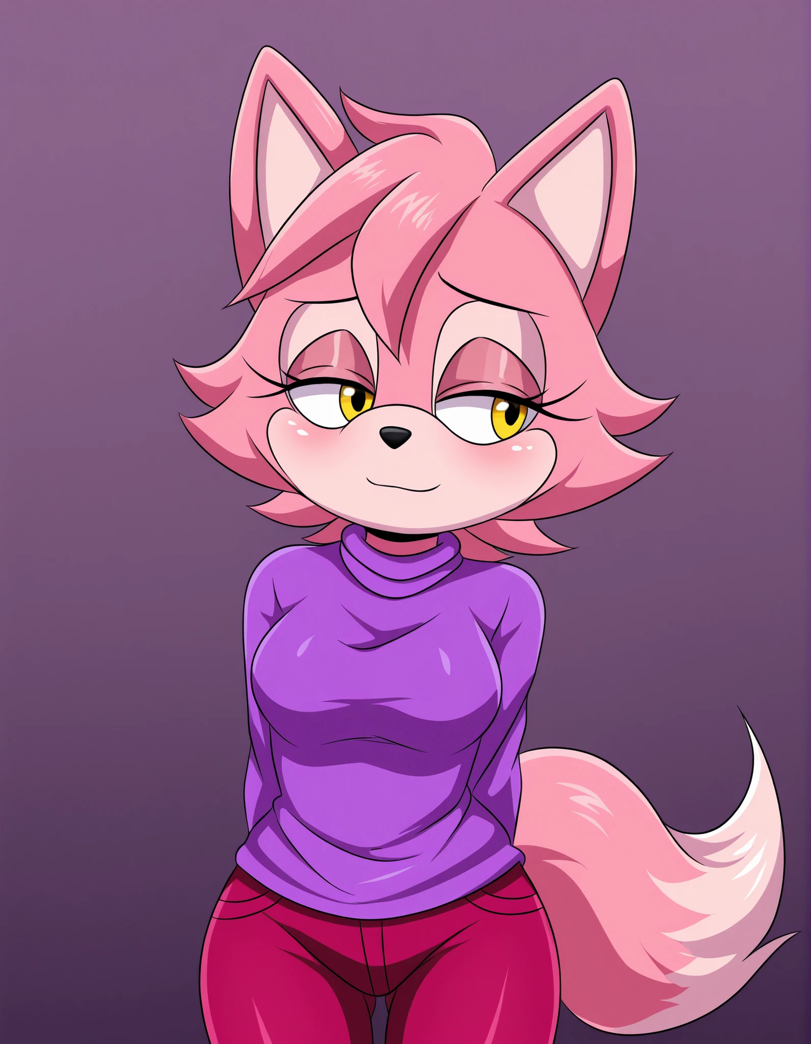 bbmbbf style,, solo, Funtime_foxy_(fnaf),  Fox Girl, Anthro_Furry, furry anthro, female, solo, White Fur, Pink Skin, Yellow Eyes,   Pink Tipped Bushy Tail,  from front, hi res,, safe, clothing, clothes,