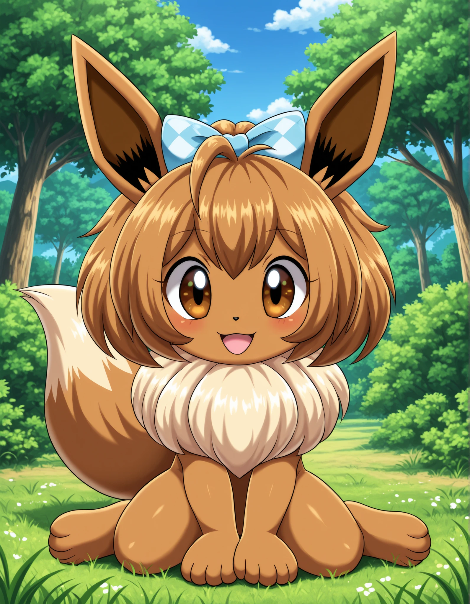 bbmbbf style,, pokekid, eevee, fluffy girl, furry girl, female, smile, smiling, has a big pretty bow in her hair, has animal paws for hands, 1girl, best quality, outdoors, high definition, cute,