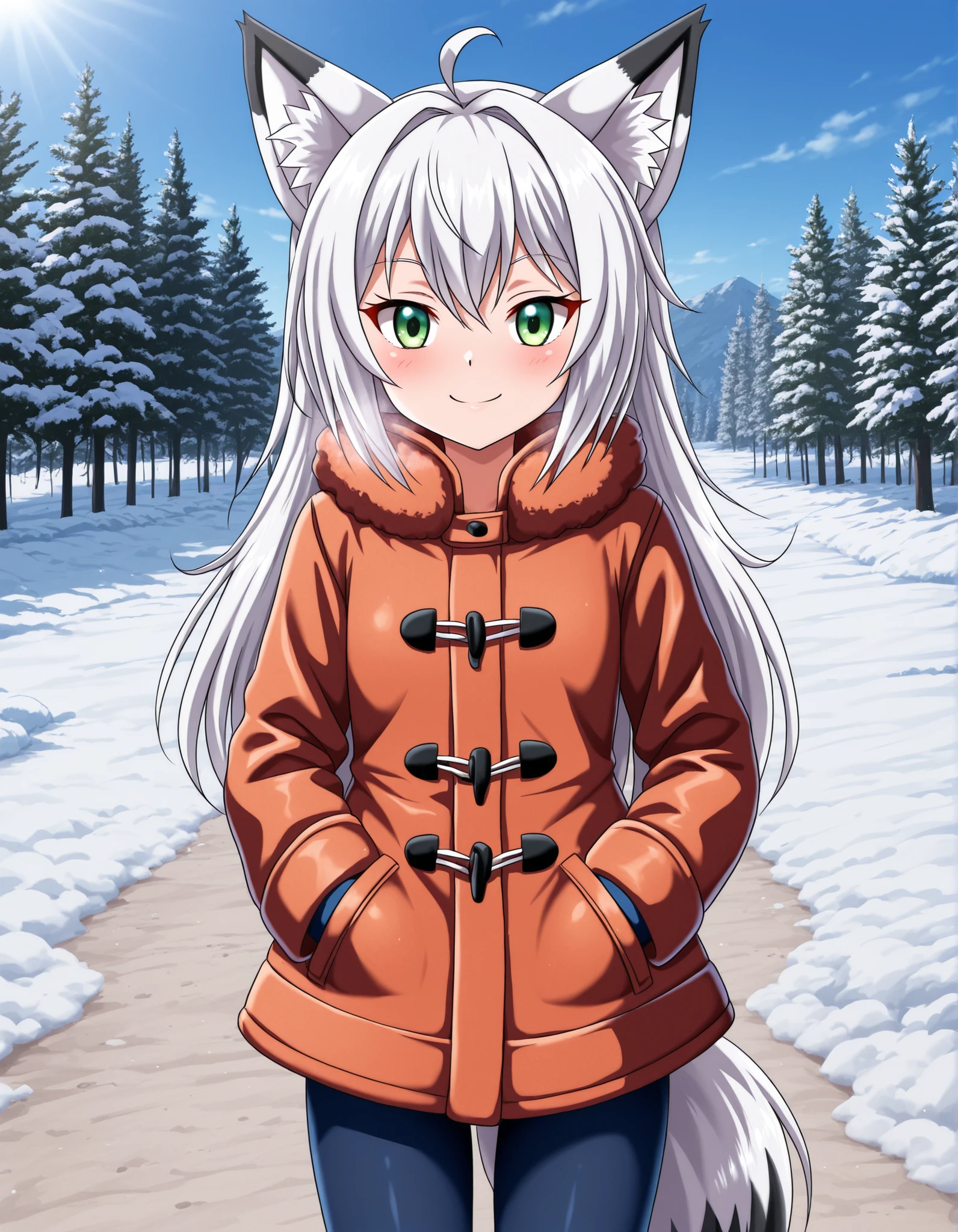 bbmbbf style,, anime, solo, BREAK, young fox girl, skinny and frail, (petite,cute:0.5), green eyes, looking at viewer, long hair, white hair, smile, winter clothes, outdoors, winter