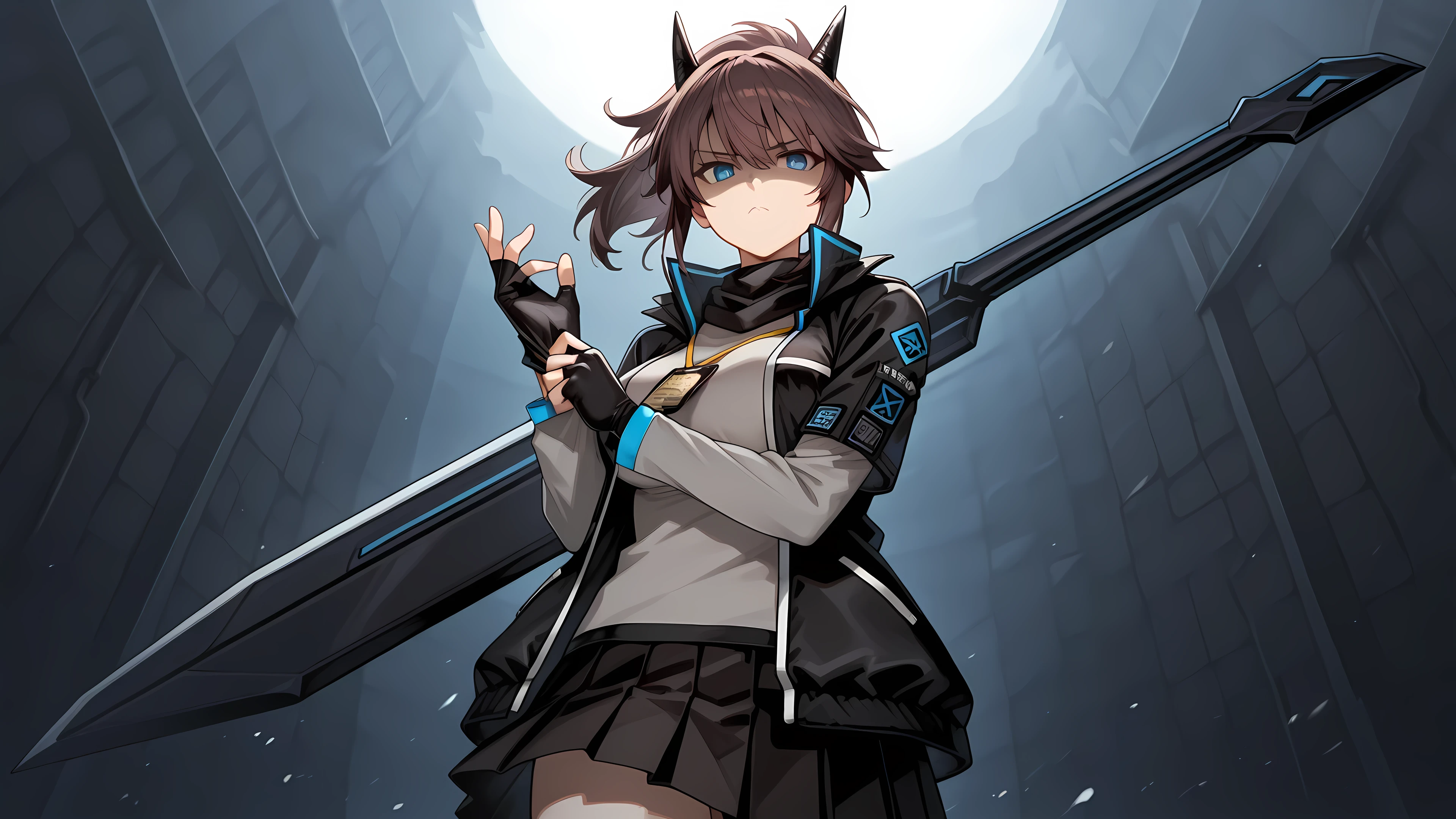 adjusting gloves, 1girl, solo, YatoAK, blue eyes, black horns, brown hair, ponytail, scarf, black jacket with blue trim, raised collar, grey shirt, long sleeves under short sleeves, nametag, black skirt, pleated skirt, large breasts, gauntlet, fingerless gloves, serious face, low angle, fantastic angle, perfect hands, fingers, big weapon in back, shaded face,
