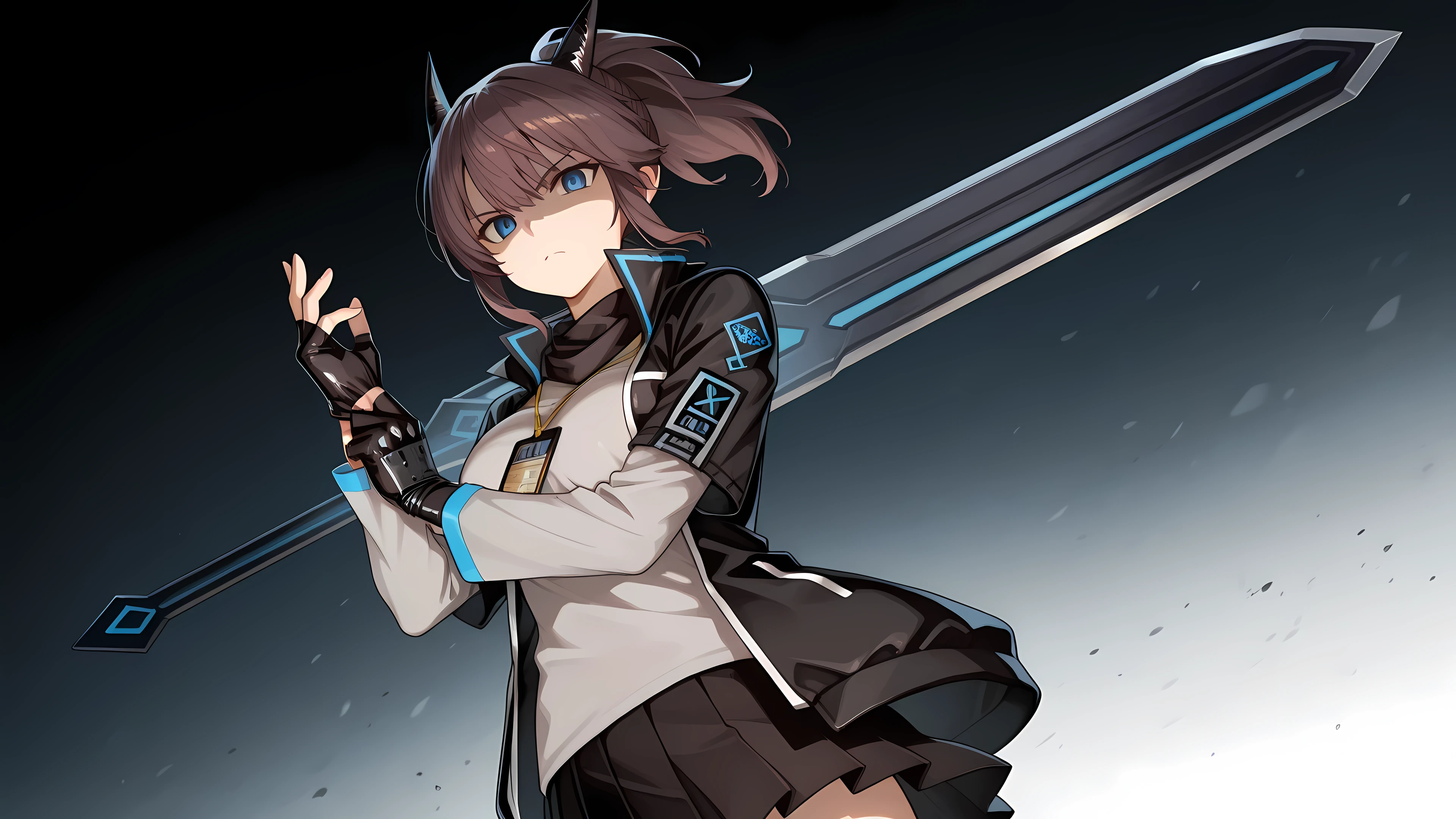 adjusting gloves, 1girl, solo, YatoAK, blue eyes, black horns, brown hair, ponytail, scarf, black jacket with blue trim, raised collar, grey shirt, long sleeves under short sleeves, nametag, black skirt, pleated skirt, large breasts, gauntlet, fingerless gloves, serious face, low angle, fantastic angle, perfect hands, fingers, big weapon in back, shaded face,