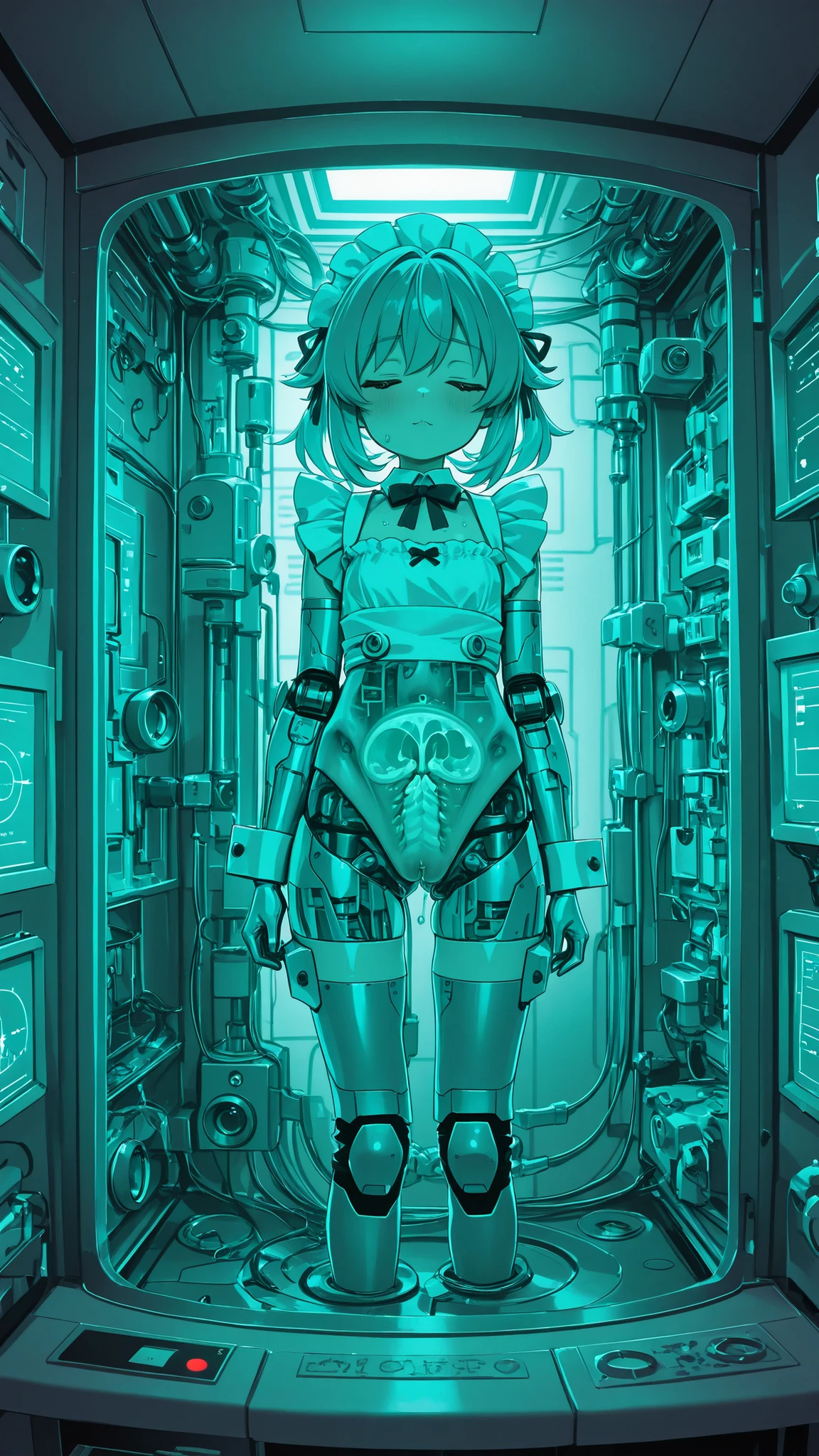 morimee_style,cute face,3DMM,maid clothes technical photo showing the internal structure of cyborgs、Internal precision machines and biological parts can be seen in a semi-disassembled state、connection part of wiring and artificial muscles、precise joint mechanism and electronic circuit board、protective exoskeleton under maid clothes、Uniform lighting with shadowless lights、state placed on a white test bench、clinical recording with a medical camera、macro details are clearly captured、8K Ultra High Resolution