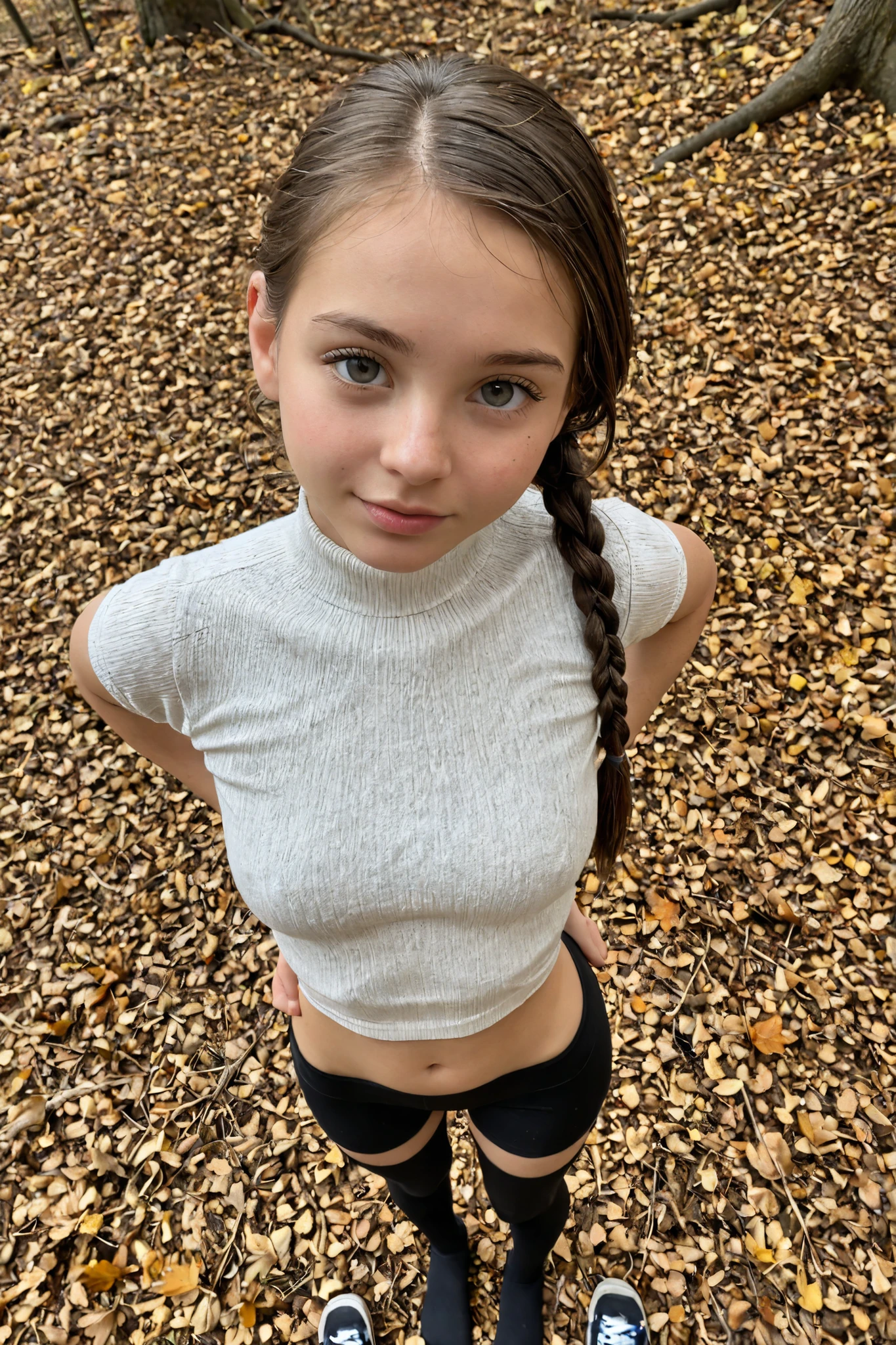 Drawing of a young girl ,very young girl , god , posing in , subtle body , hair braided into a ponytail , in high school , in a miniskirt, cute face, looks at the viewer, stands right in front of the viewer , Flirting, black tights , full body , 4k , black tights , in the forest , deep autumn, (top view:1.6),small hip,(younger:1.5),(cute hip)