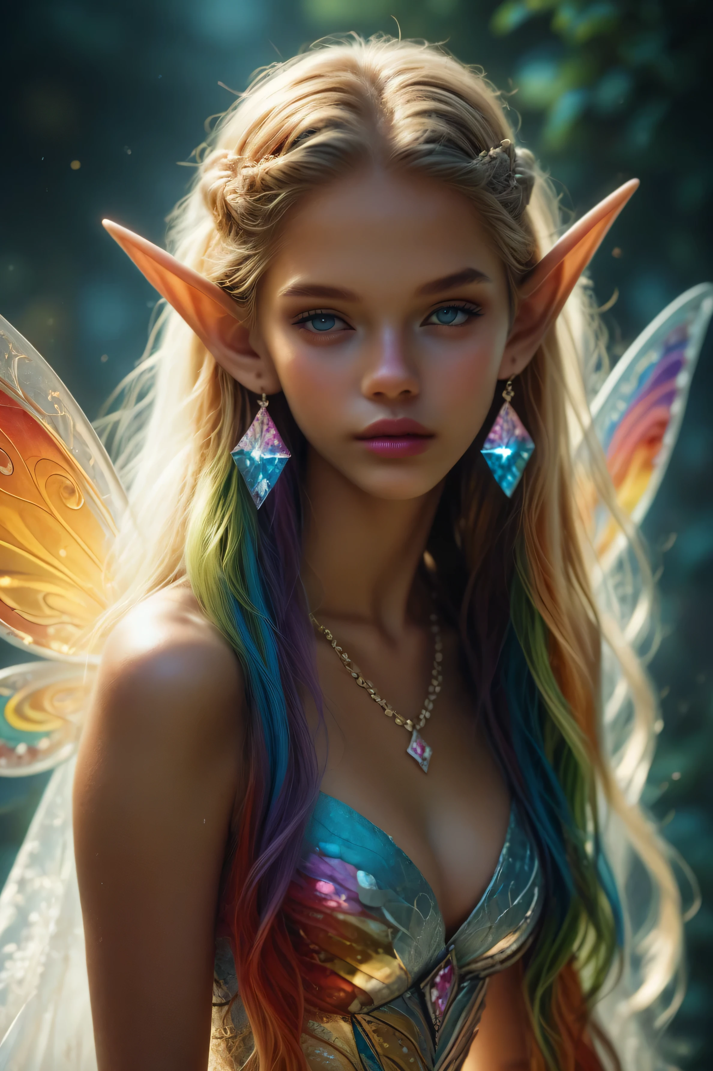 The fairytale girl with very long ears is ((Long wavy iridescent hair))Smooth, silky white skin((A very, very large, rainbow-colored hanging eye))Precise hands and fingers and a beautiful face（A  elf with beautiful, smooth, and smooth skin, a fairy with ears１people）gorgeous large rainbow colored necklace（Beautiful girl who closes her mouth and is half an expressionless elf and half a fairy）Gorgeous Big Rainbow Earrings((fantasy dress costume with a gorgeous detailed pattern in rainbow colors))luxury gold bracelet、Look at Viewer（dynamic pose）