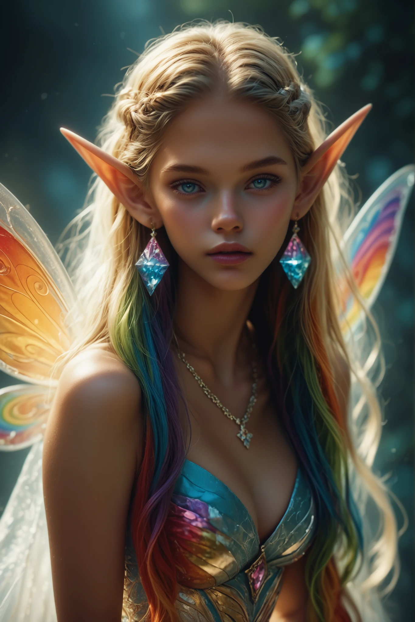 The fairytale girl with very long ears is ((Long wavy iridescent hair))Smooth, silky white skin((A very, very large, rainbow-colored hanging eye))Precise hands and fingers and a beautiful face(A elf with beautiful, smooth, and smooth skin, a fairy with ears1people)gorgeous large rainbow colored necklace(Beautiful girl who closes her mouth and is half an expressionless elf and half a fairy)Gorgeous Big Rainbow Earrings((fantasy dress costume with a gorgeous detailed pattern in rainbow colors))luxury gold bracelet、Look at Viewer(dynamic pose)