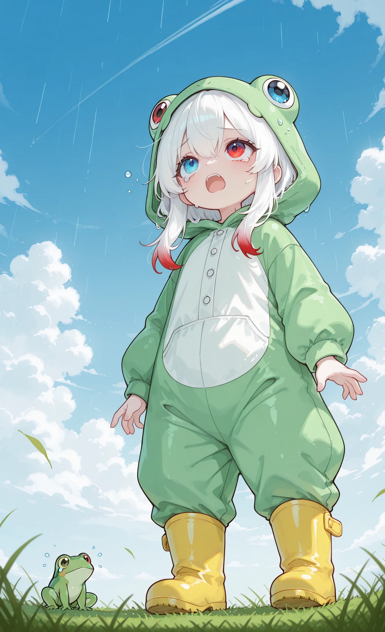 Melys Chibi, masterpiece, best quality, ultra-detailed:1.3, chibi style, 1girl, solo, pure white hair with soft gradient red tips, heterochromia crimson red right eye:1.3 and ice blue left eye:1.3, fair skin, wearing bright green frog onesie, yellow rain boots, dynamic low angle shot from below and side, standing on grass, looking up at daytime sky with clouds, shouting sadly at sky, tearful expression, daytime, blue sky with white clouds, melancholic atmosphere