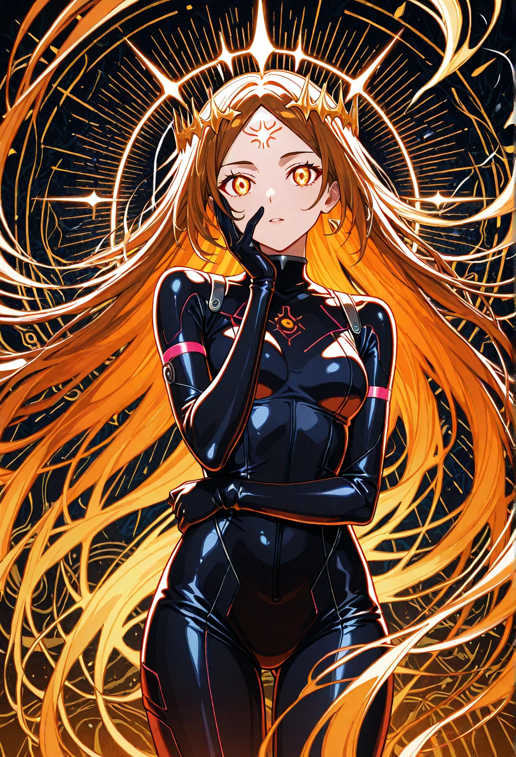 masterpiece, detailed_eyes, high_quality, best_quality, highres, absurdres, 8k, woman, long hair, brown eyes, stylized outfit, orange and teal lighting, split color background, chromatic aberration, vivid neon glow, angular shadow shapes, soft blush, walking motion, bunny ears, hair over one eye, glass texture overlay, vibrant color scheme, diagonal_angle