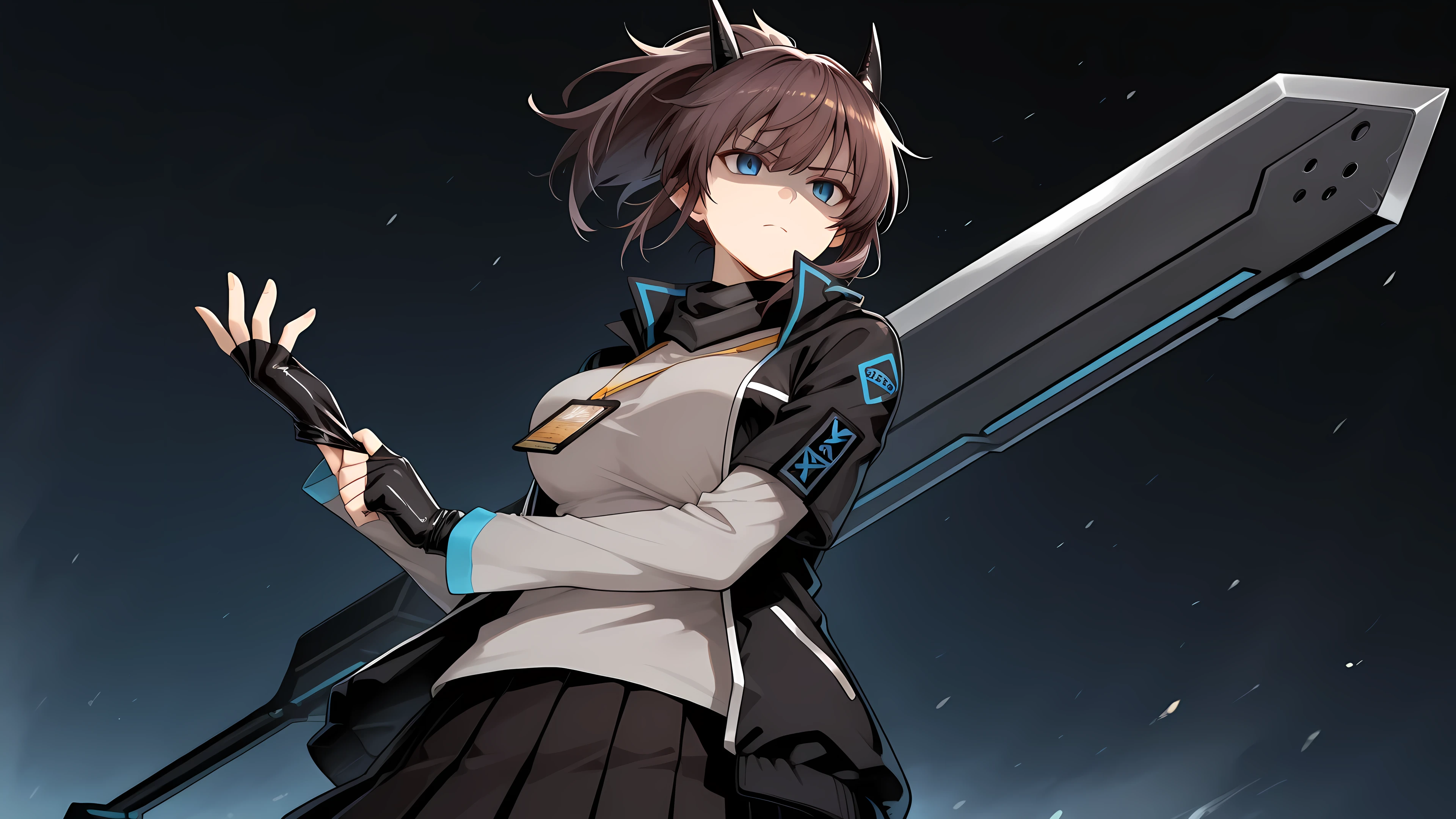 adjusting gloves, 1girl, solo, YatoAK, blue eyes, black horns, brown hair, ponytail, scarf, black jacket with blue trim, raised collar, grey shirt, long sleeves under short sleeves, nametag, black skirt, pleated skirt, large breasts, gauntlet, fingerless gloves, serious face, low angle, fantastic angle, perfect hands, fingers, big weapon in back, shaded face,