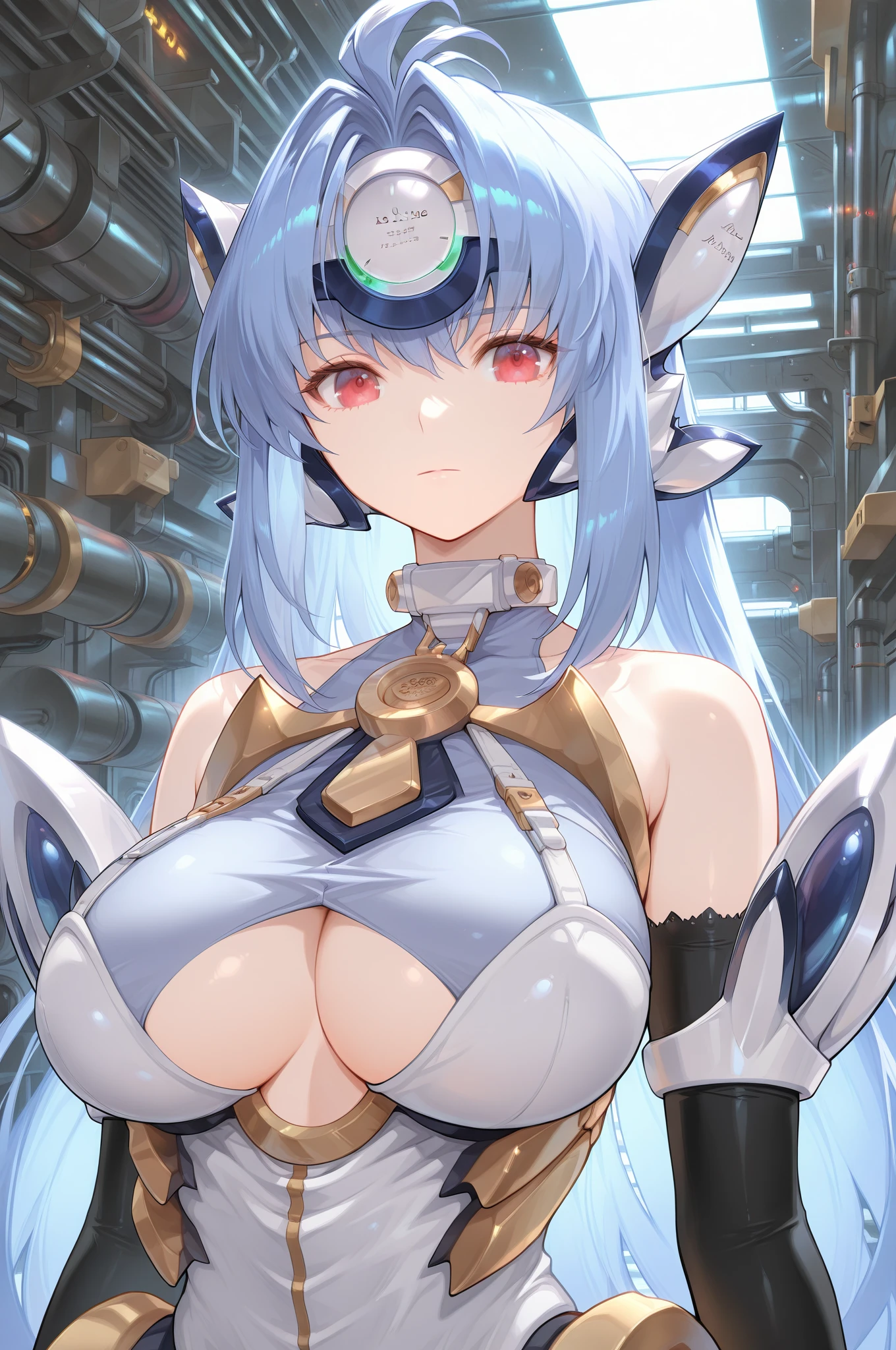 ((1 cyborg woman)),((huge breasts, , breasts,biomechanical breasts)),((urethral insertion)),((short light blue hair with ponytail,blue eyes)),((in standing,  wide, inserting a giant blue rubber  into his , focusing on the , oozing red liquid from his )), naughty smile