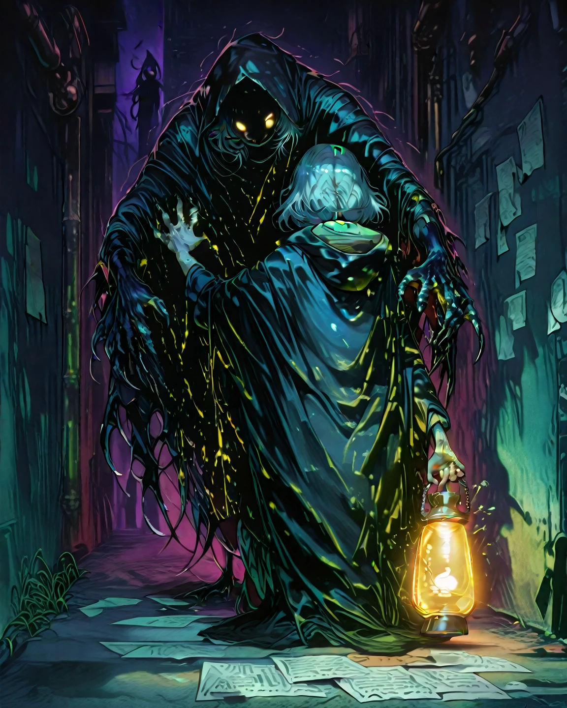 a monster in the shadows, cosmic horror background, tentacles, dark mood, dark ambient, night, horror, blood, terrific, fear, panic, despair