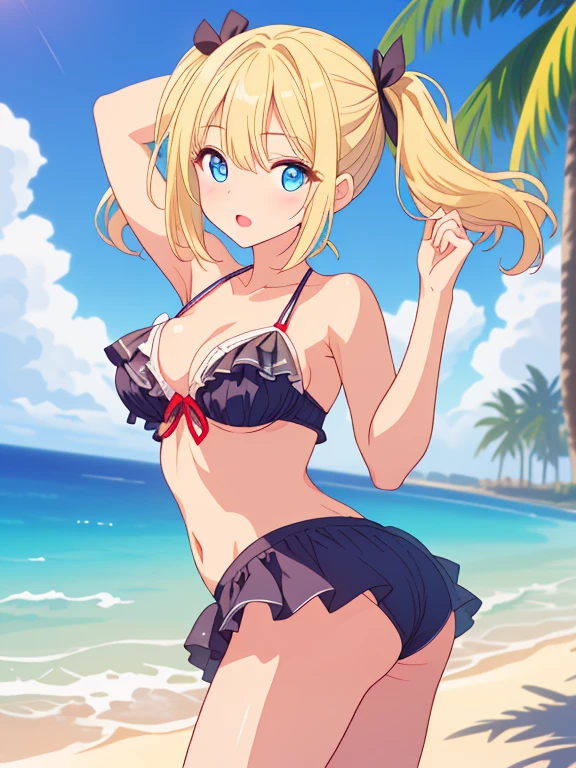 best quality, masterpiece, highres, solo, {mordred_fgo:1.15}, blonde_hair, long_hair, ponytail, green_eyes, braid, scrunchie, hair_ornament, red_scrunchie, bangs, hair_scrunchie, , smile, small_breasts, 1girl, back, bare_shoulders, blush, french_braid, looking_at_viewer, looking_back, parted_bangs, sidelocks, , closed_mouth, panties, 