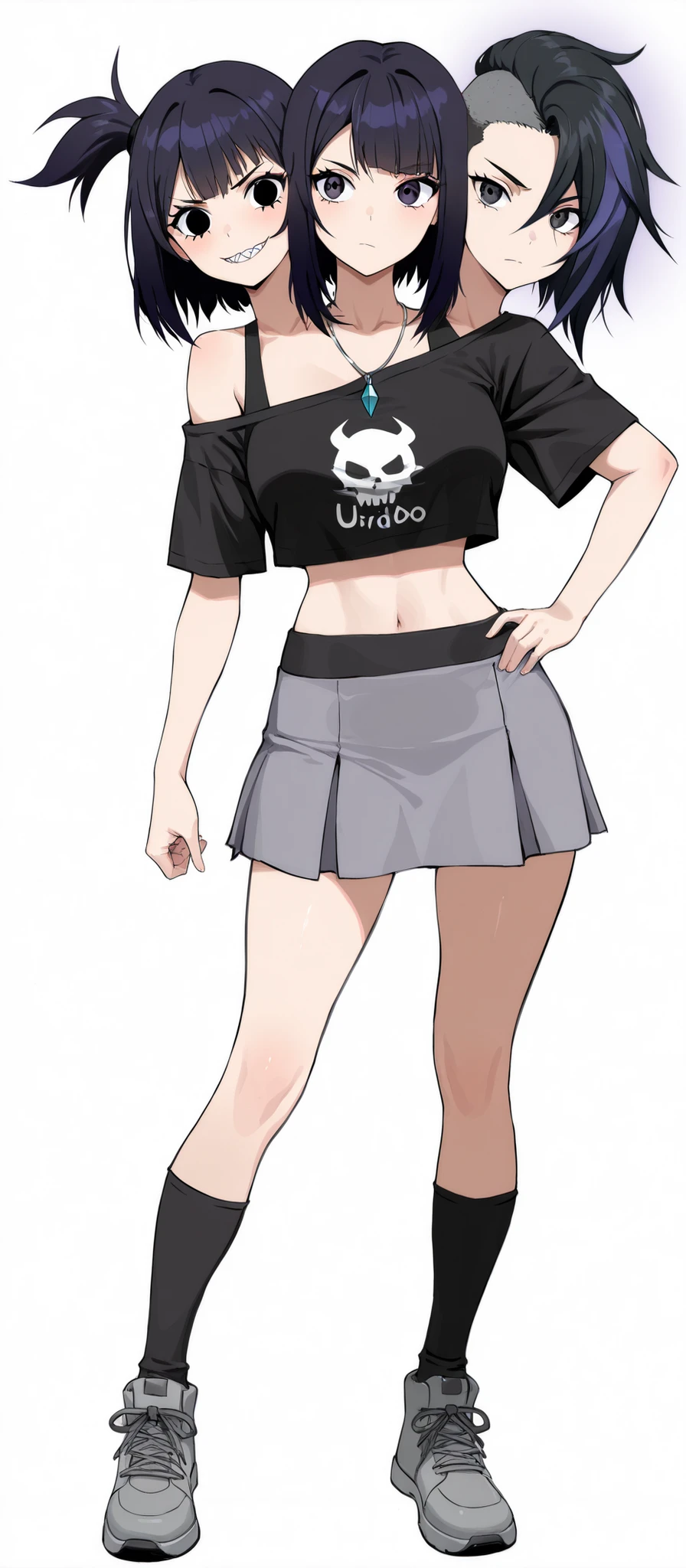 (masterpiece) , (ultra-detailed) , (high quality) , (high resolution) , (best quality:1 . 5 , highres , UHD) , highres , absurdo , ultra detail , ultra quality , Ultra resolution , 16k , ((anime girl with three heads)) ,(black hair), sharp eyes, bare shoulder, crop top shirt, (indigo blue crop top), skirt. long socks, gray shoes, medium hair, necklace, black eyes, Sidecut, Side shaved hair
