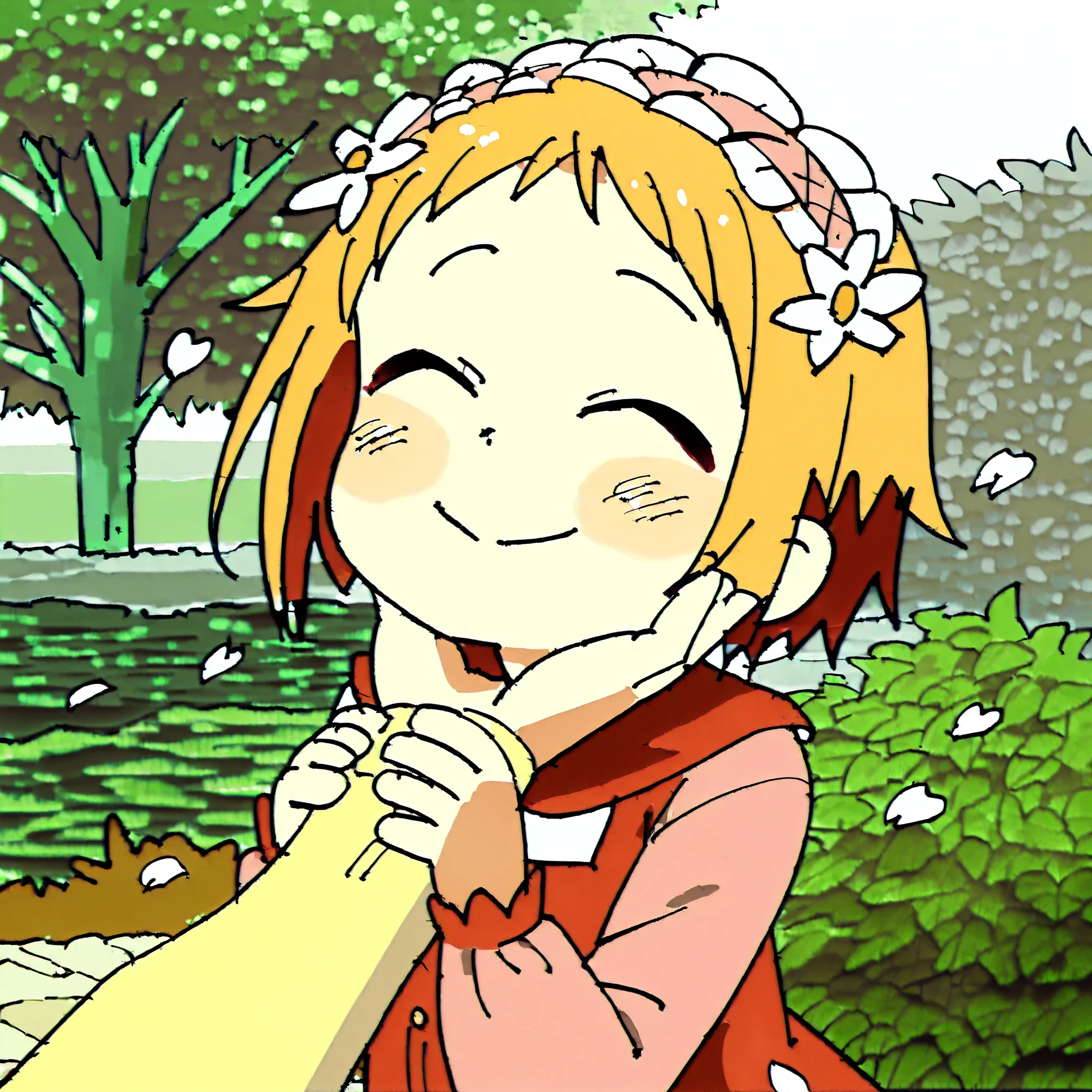 Real drama films、In a beautiful flower garden、長い黒髪の美少女が純whiteのワンピースを着て静かに座っている。 The girl's expression is soft,、 she has a gentle smile,。 A small child is gently placing a delicate and gorgeous head dress made of fresh flowers on her head.。Vivid Flowers々 and bloom all over the background,、 The natural light is soft, and the girl and child、 and colorful flowers々Wrapping。 her head dress is pink,、white、Yellow, etc.々Fresh flowers are used,、Fine details、 Even the texture of the petals and leaves is realistically drawn。少女のwhiteいワンピースは風になびき、 emphasizing the pure atmosphere。 wrapped in warm spring sunlight,、 creating a heartwarming, happy, and story-like scene。