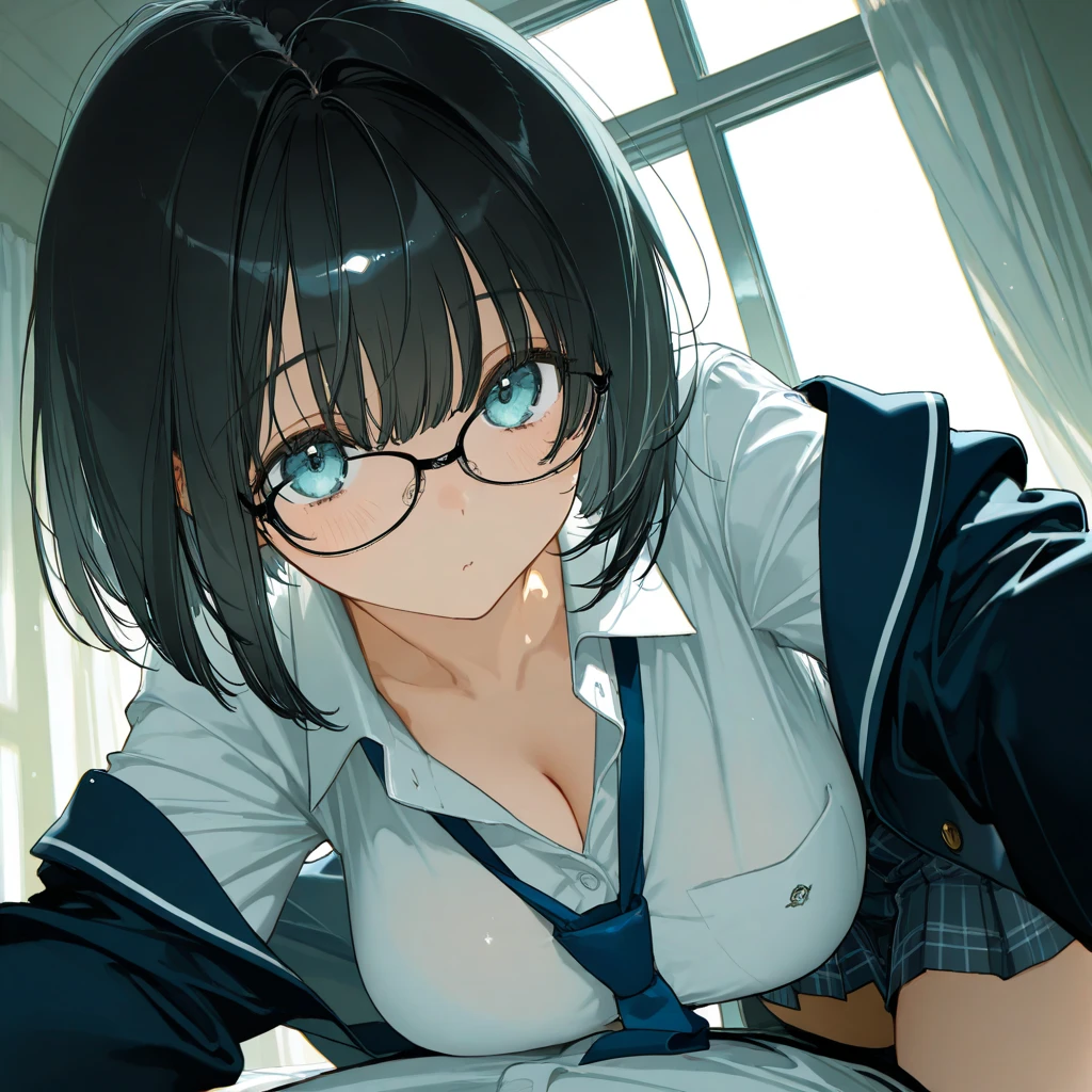 (solo), close up, looking at viewer, amazing masterpiece, top quality, high fashion, absurdres extremely, HDR, intricate details, amazing beautiful detailed face, vivid colors, solo, very cute face, cute girl, hair over eyes, messy hair, black hair, embarrassed, glasses, very cute face, curvy beauty, blouse shirt, shorts, sitting, cowboy shot, indoor, living, couch, table, tv