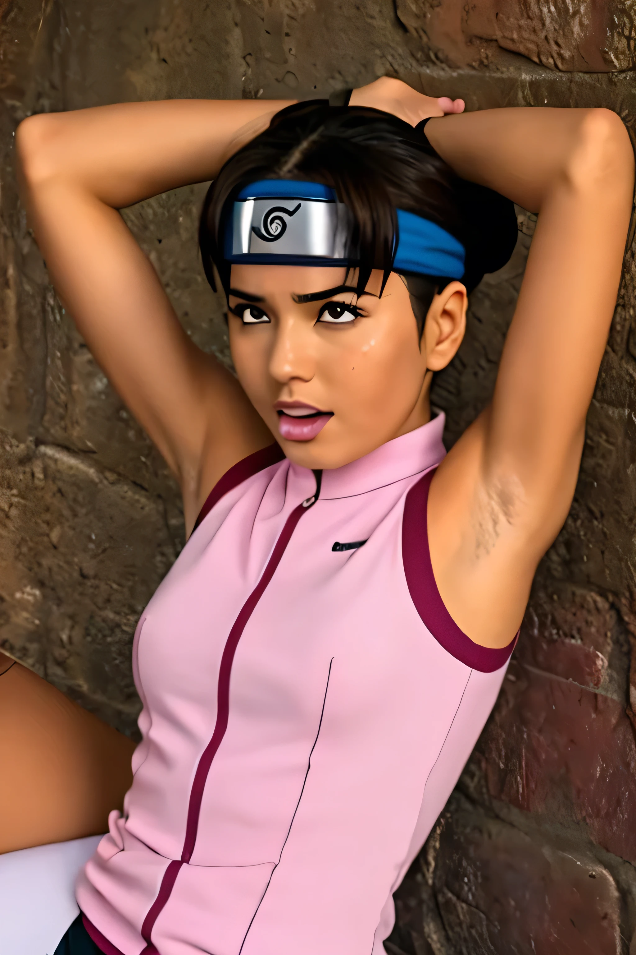 Tenten,human woman with fair skin and slight tan.with brown eyes and pink clothing. Her hair is long and brown in color; She is beautiful. Fair skin.Tsundere face. Pink eye shading,mature appearance,armpits,sweat,sweaty,sweaty armpits,arms up,showing armpits,awesome armpits,outfit,blackish red arm warmers,maroon arm bands,pink arm warmers,tongue, wearing black gloves
