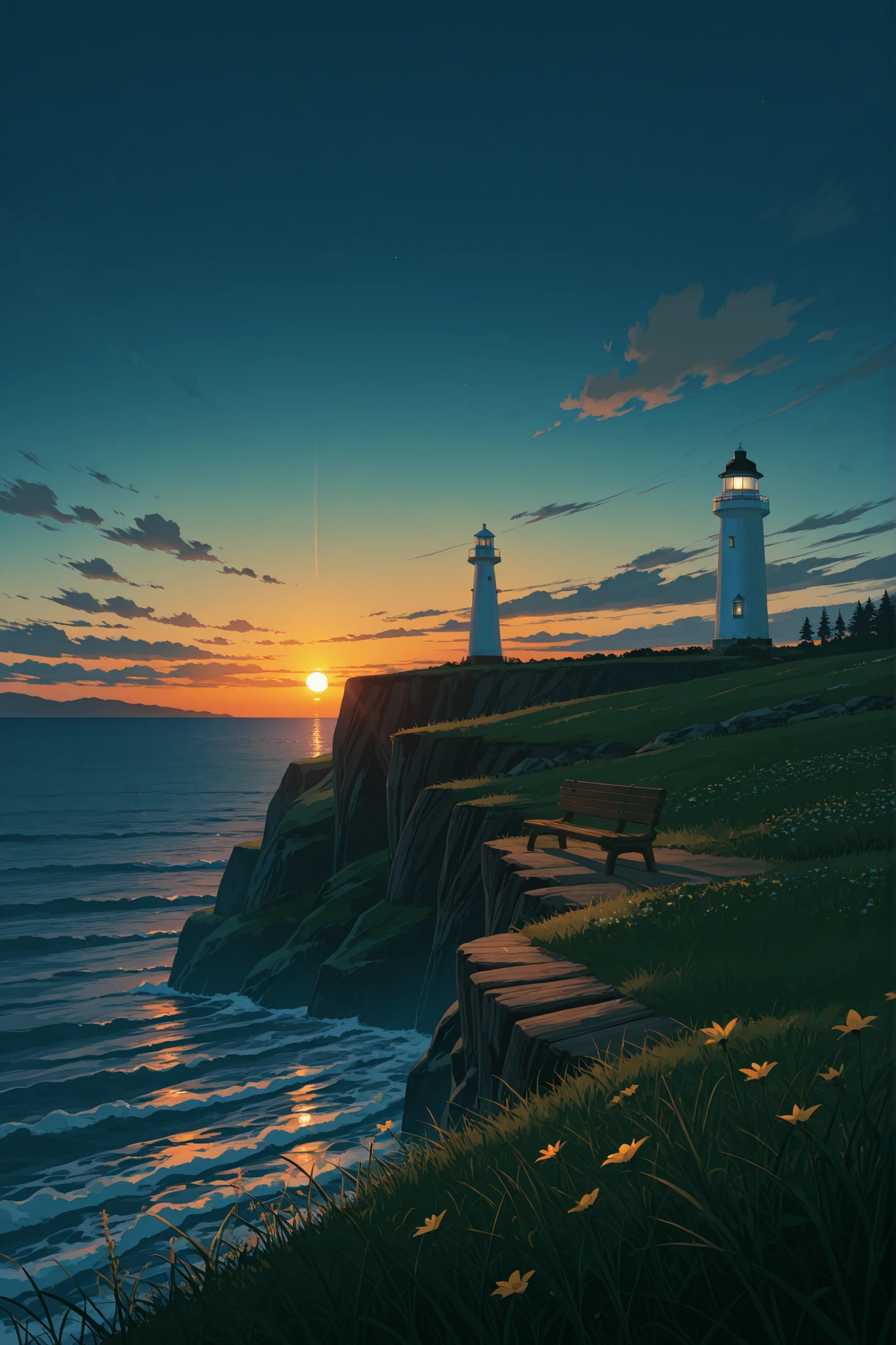 Generate an ultra HD image (8K) that captures the beautiful view of a lighthouse located on the edge of a cliff, illuminated by the warm light of an evening as night begins to fall. Includes a pair of wooden benches near the lighthouse, surrounded by soft grass and wild flowers. The scene should convey a sense of tranquility and peace, with sunset reflections in the ocean and soft clouds in the sky ((Anime Style))