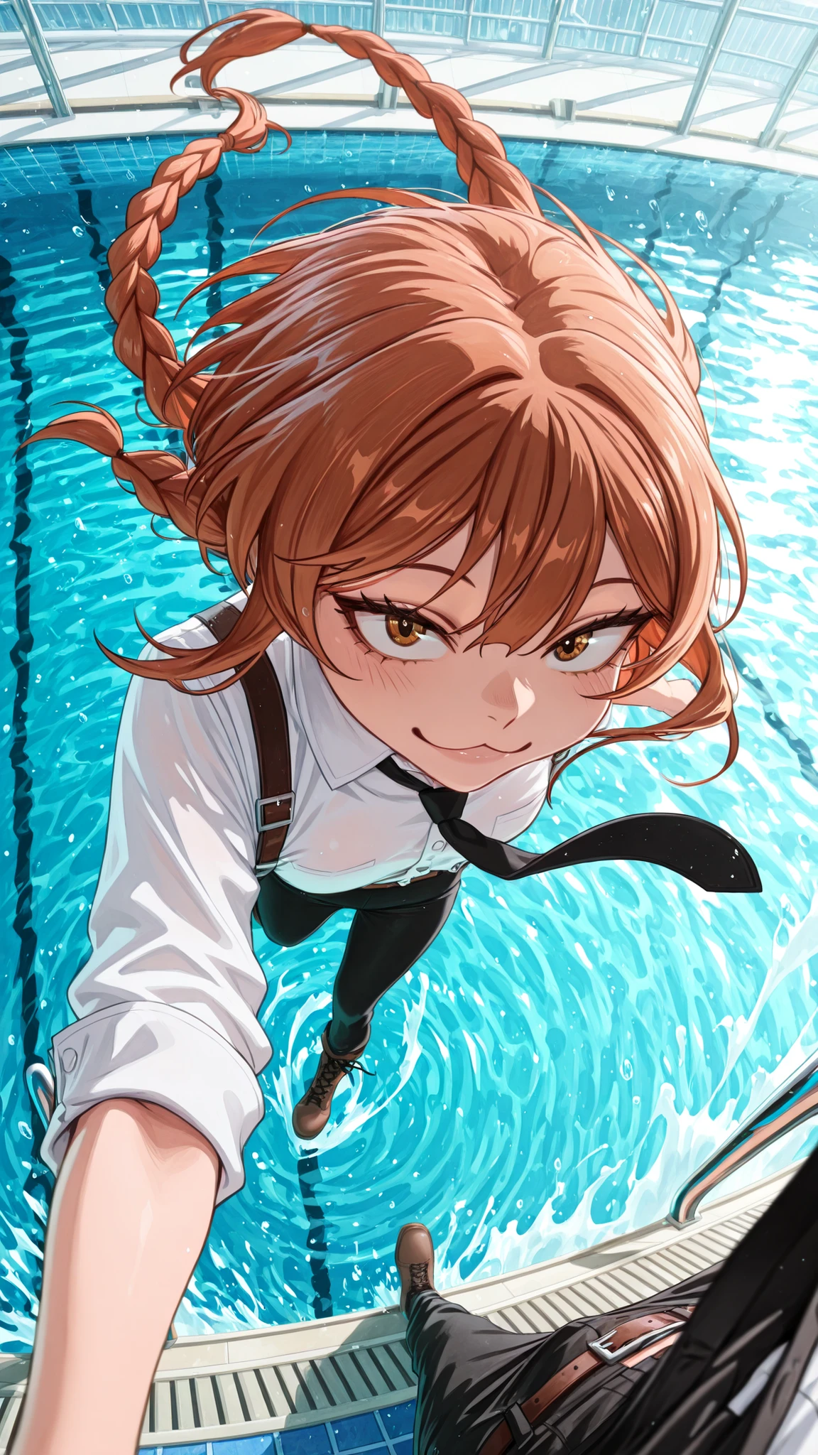 kazao_niko, 1girl, long hair, brown hair, twintails, brown eyes, braid, red hair, twin braids, hair over shoulder, :3, sanpaku, white shirt, boots, black pants, black suspenders, black necktie, sleeves rolled up, falling backward from a high diving platform, aerial view, POV, her cheeks flushed with excitement, joyful smile, dynamic wind-blown hair and shirt, dramatic perspective capturing the speed of the fall, pool below with shimmering water reflecting sunlight, cinematic lighting, 8K, hyper-realistic, full-body action shot