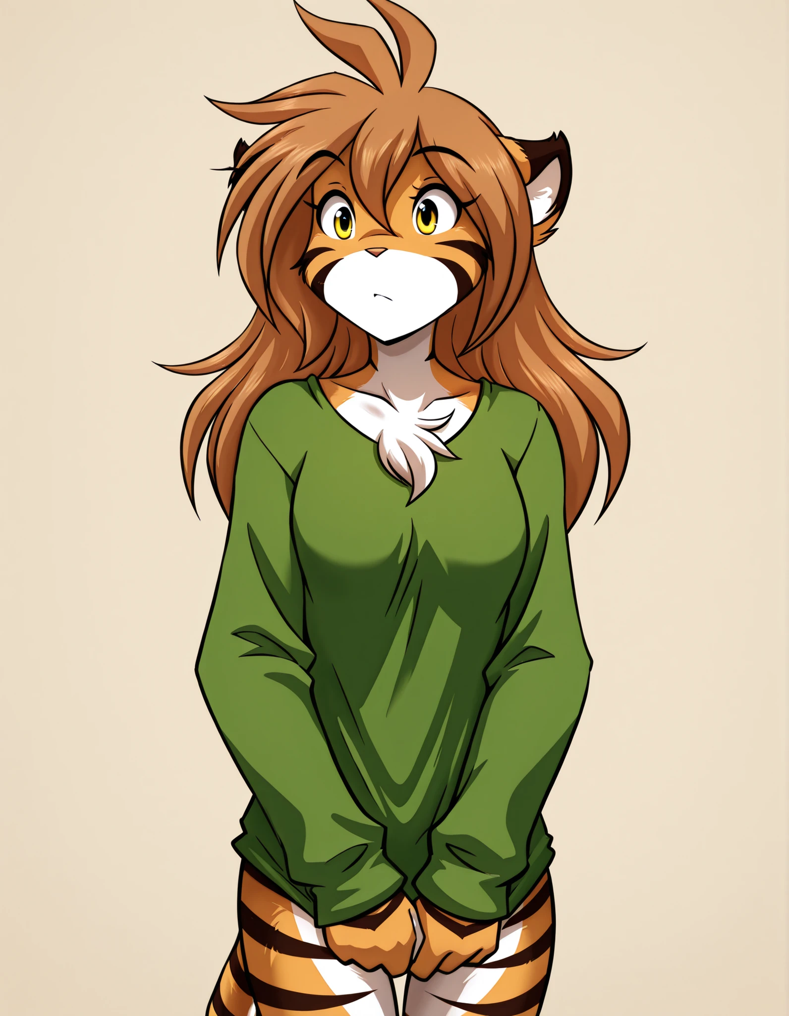 -Bbmbbf-,, furry, solo, flora-twokinds, flora_twokinds,, tiger, striped fur, keidran, yellow eyes, anthro, simple background,,, green shirt