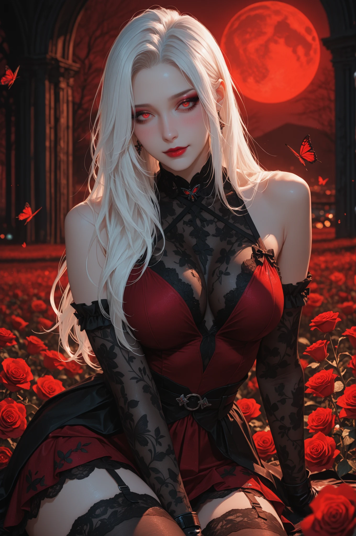 semi realistic, painterly, digital painting, (8k, Ultra HD), masterpiece, best quality, ultra-detailed, very aesthetic, depth of field, best lighting, detailed illustration, detailed background, cinematic, BREAK ambient occlusion, raytracing, soft lighting, blum effect, absolutely eye-catching, intricate cinematic background, BREAK masterpiece, amazing quality, 8K, illustrating, cute girl, eyelashes BREAK,
masterpiece, best quality, ultra-detailed, cinematic lighting, portrait of a beautiful woman with long flowing white hair, red eyes, wearing an elegant ruffled white and deep white and red dress with intricate lace and floral embroidery, surrounded by red roses flowers against a dark blood-red misty background, soft ambient light highlights her face and the glossy textures of her dress, blush, dark fantasy aesthetic, gothic beauty, moody atmosphere, skin texture with luminous highlights, shallow depth of field, playful expression, closed mouth, makeup, lipstick, short dress, moon, moonlight, butterfly, dynamic pose, stockings, sleeveless dress, exposed shoulders, skirt like flower, elaborate dress, floral accessories skirt, long gloves, field, sitting
